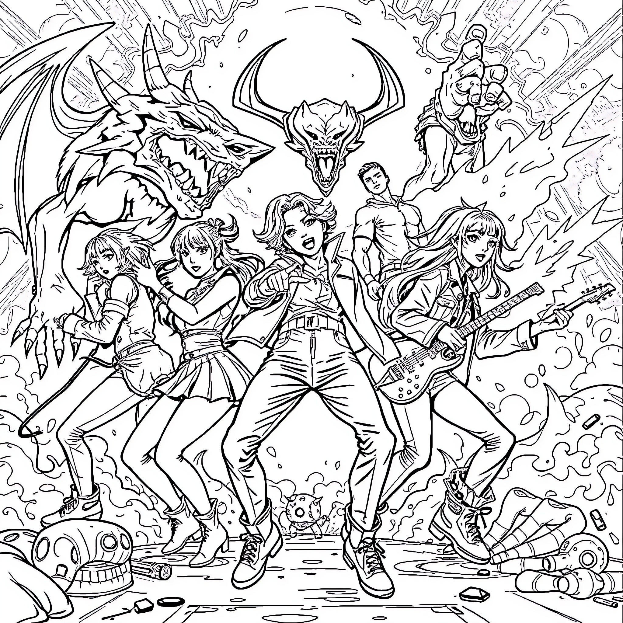 Kpop Demon Hunter: Group of fearless heroes battling supernatural forces Coloring Page (free black-and-white line drawing printable PDF for all, from beginners to advanced learners, including children, teens, adults, and seniors)