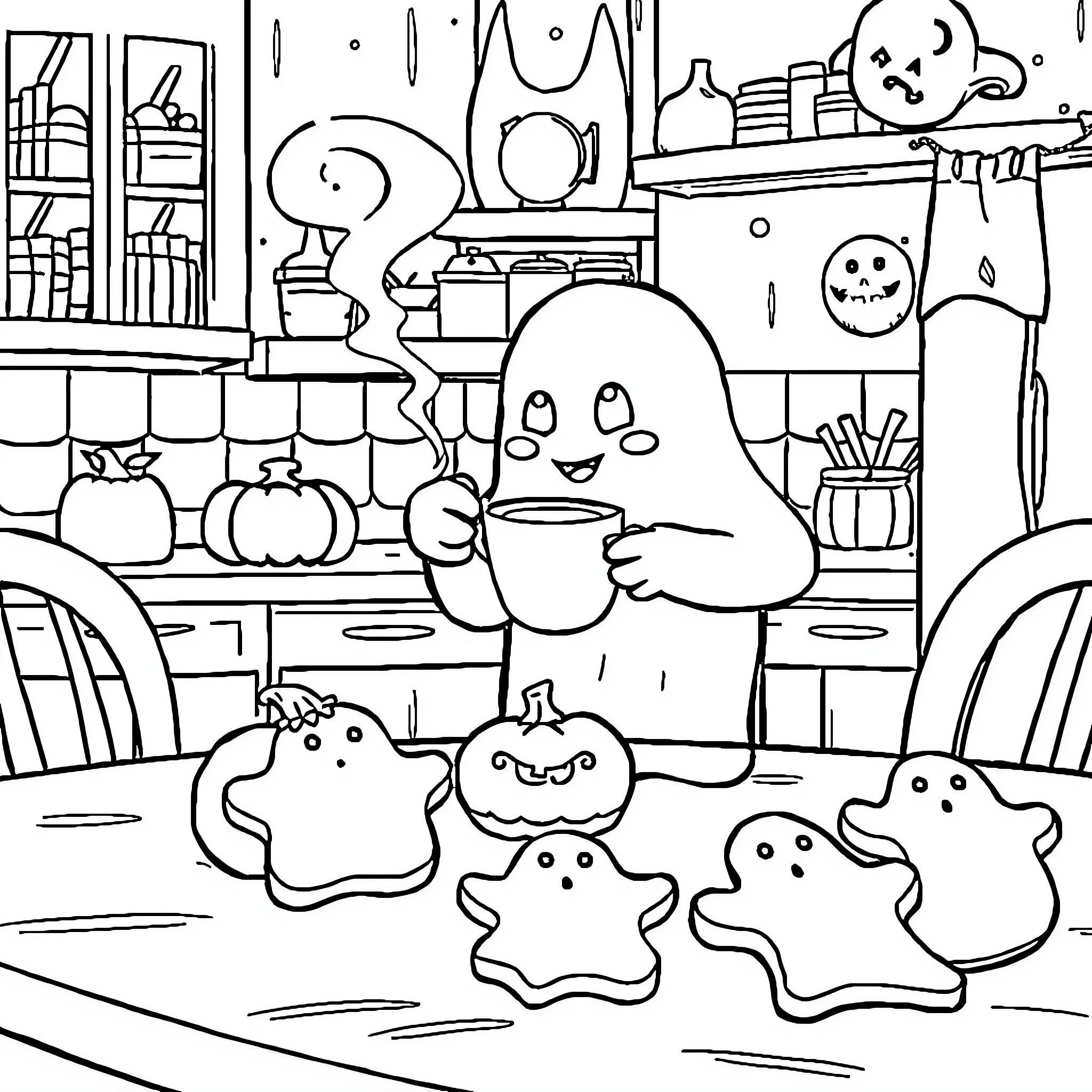 Ghost preparing Halloween treats in the kitchen Coloring Page (free black-and-white line drawing printable PDF for all, from beginners to advanced learners, including children, teens, adults, and seniors)