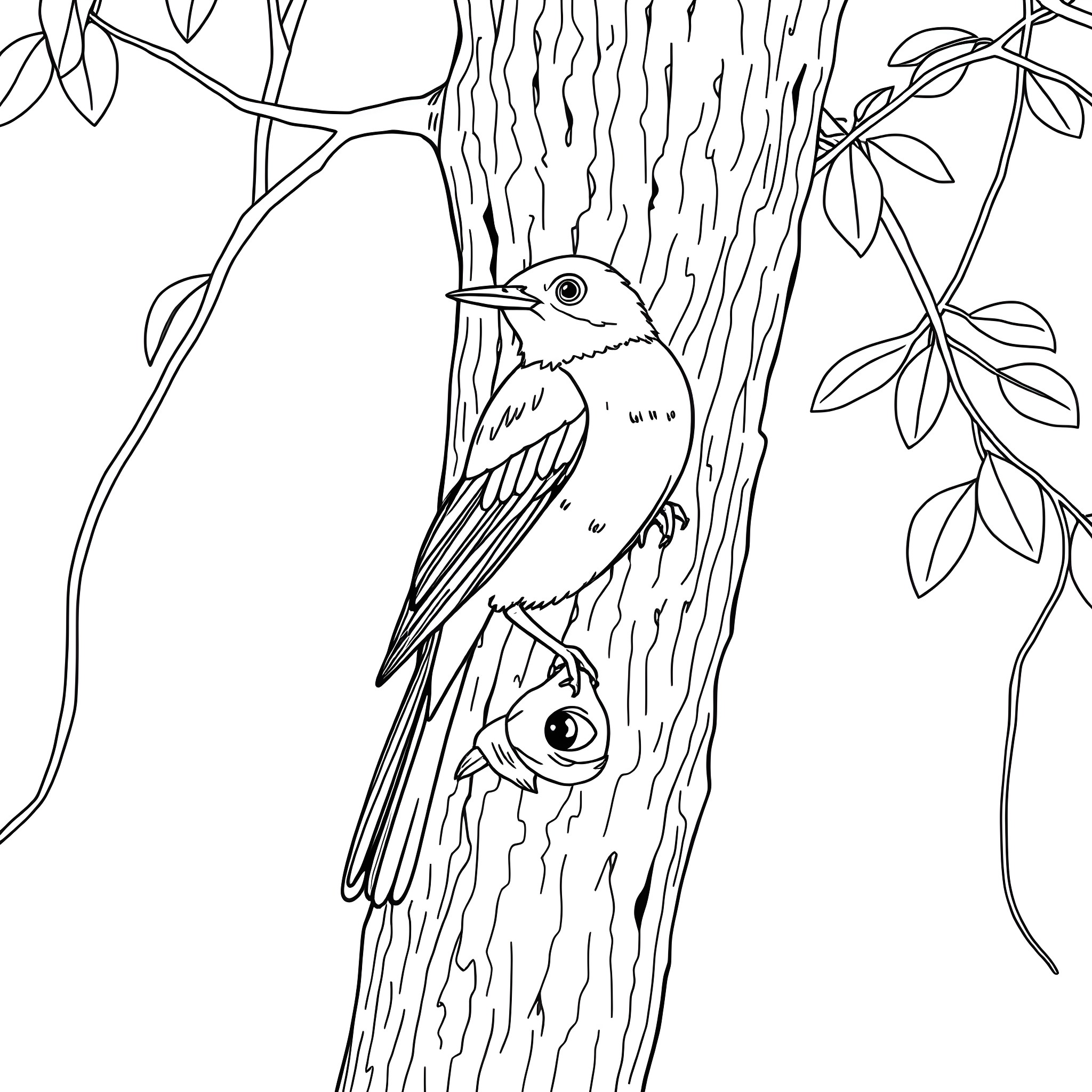 Honeycreeper perched on a tree branch Coloring Page (free black-and-white line drawing printable PDF for all, from beginners to advanced learners, including children, teens, adults, and seniors)