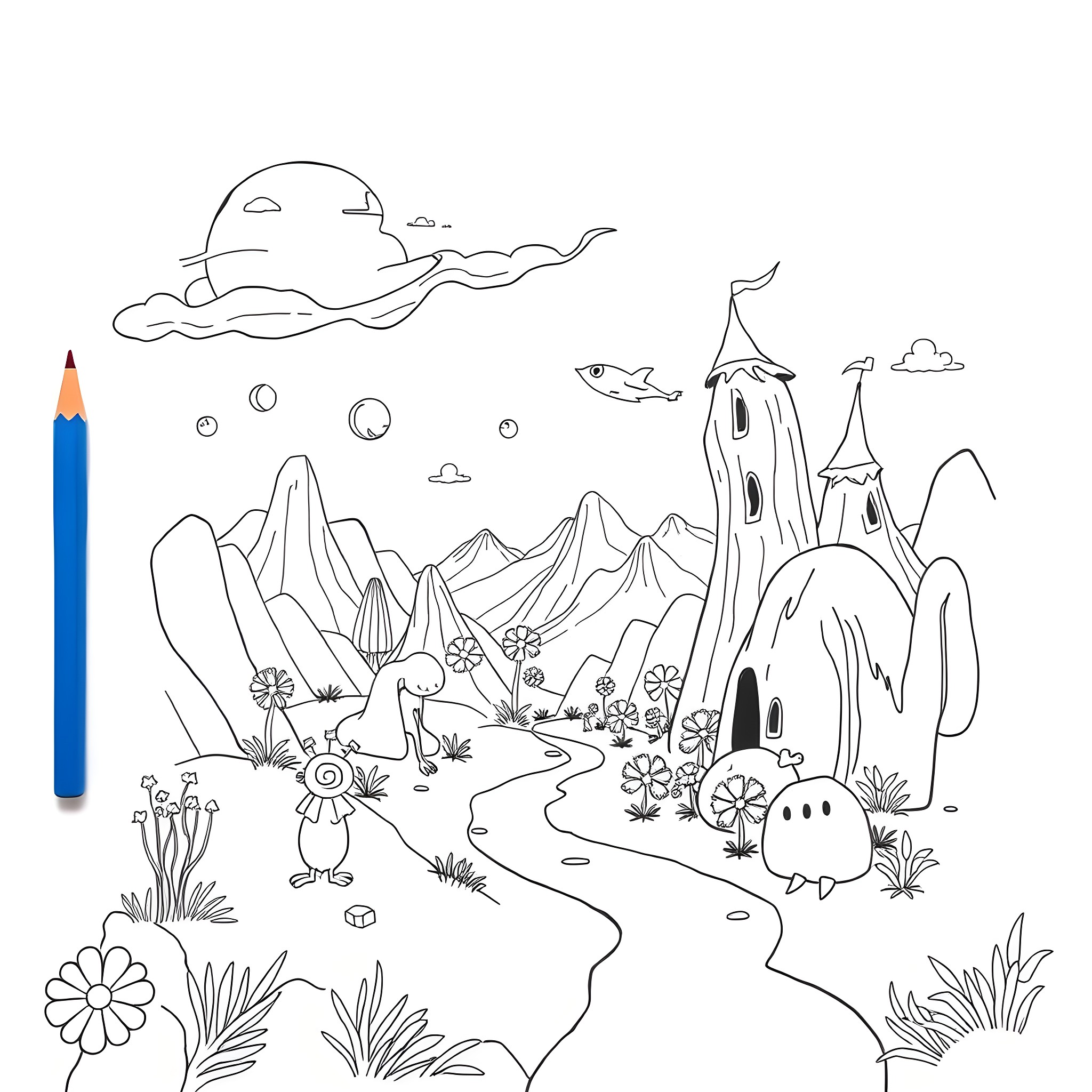 Jim Flora's Whimsical Fantastical Landscape Coloring Page (free black-and-white line drawing printable PDF for all, from beginners to advanced learners, including children, teens, adults, and seniors)