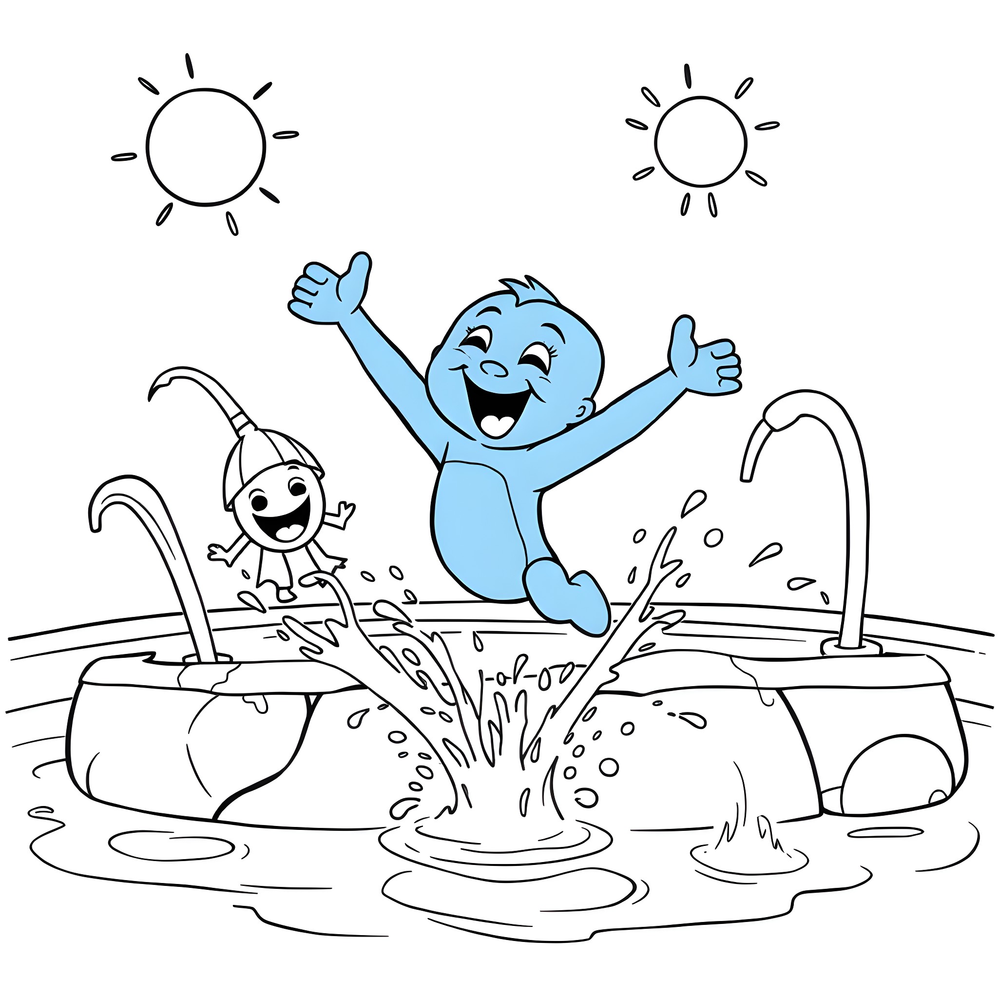 Bluey's Splash Adventure Coloring Page (free black-and-white line drawing printable PDF for all, from beginners to advanced learners, including children, teens, adults, and seniors)