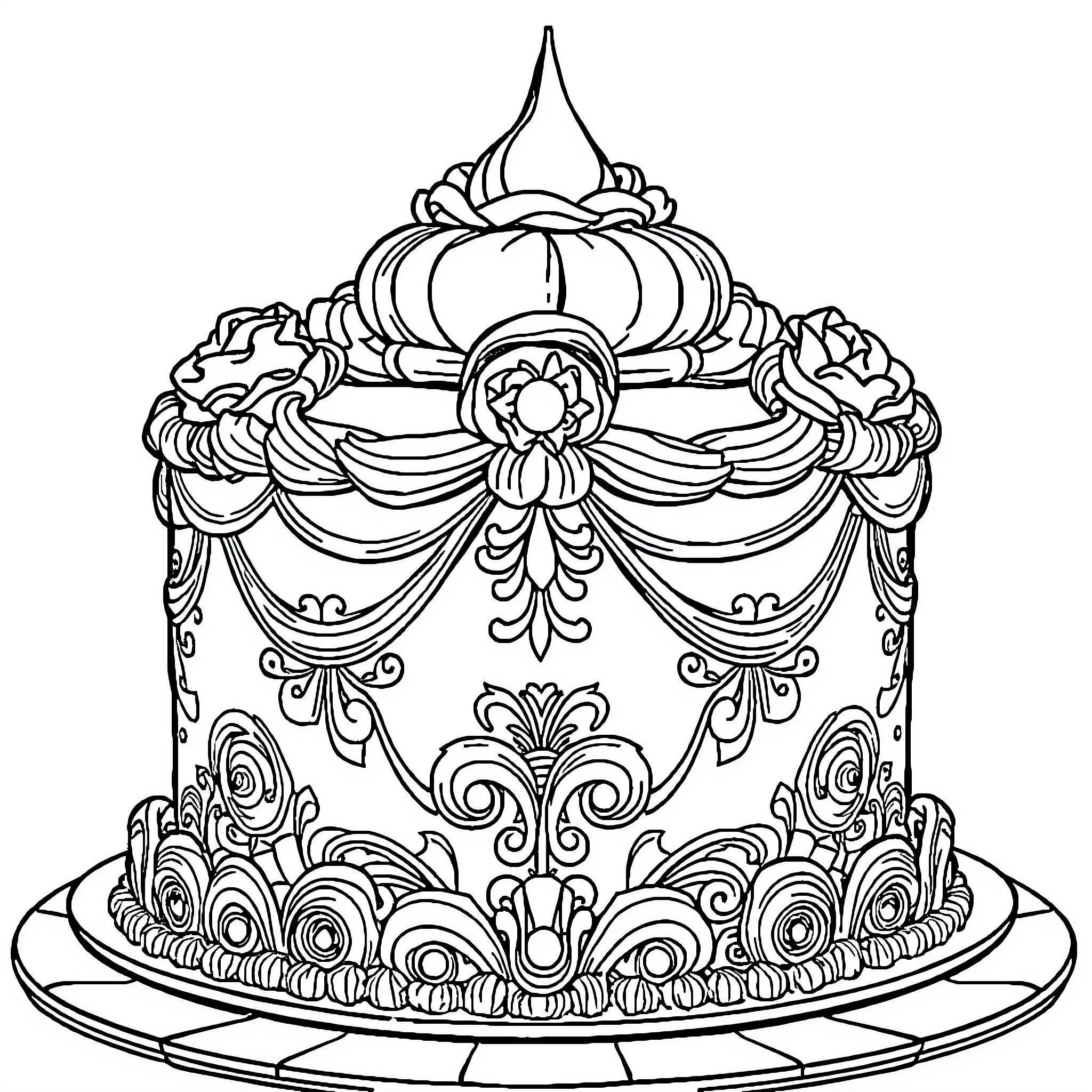 Cake with Ornate Decorations and Patterns Coloring Page (free black-and-white line drawing printable PDF for all, from beginners to advanced learners, including children, teens, adults, and seniors)