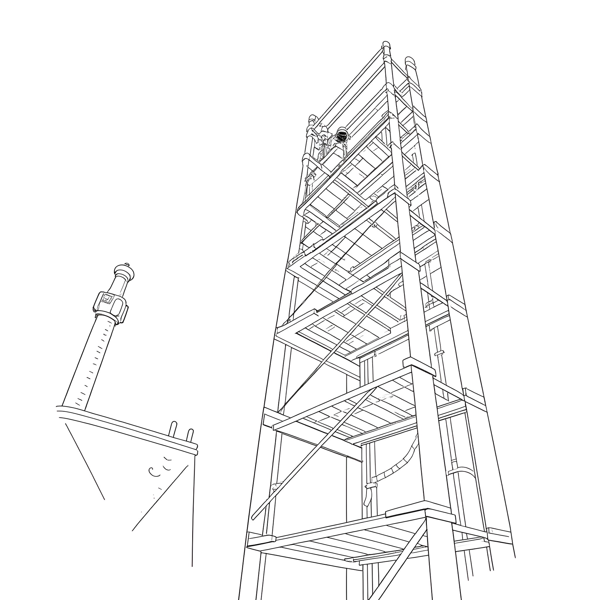 Scaffold Builder Constructing Tall Structure Coloring Page (free black-and-white line drawing printable PDF for all, from beginners to advanced learners, including children, teens, adults, and seniors)