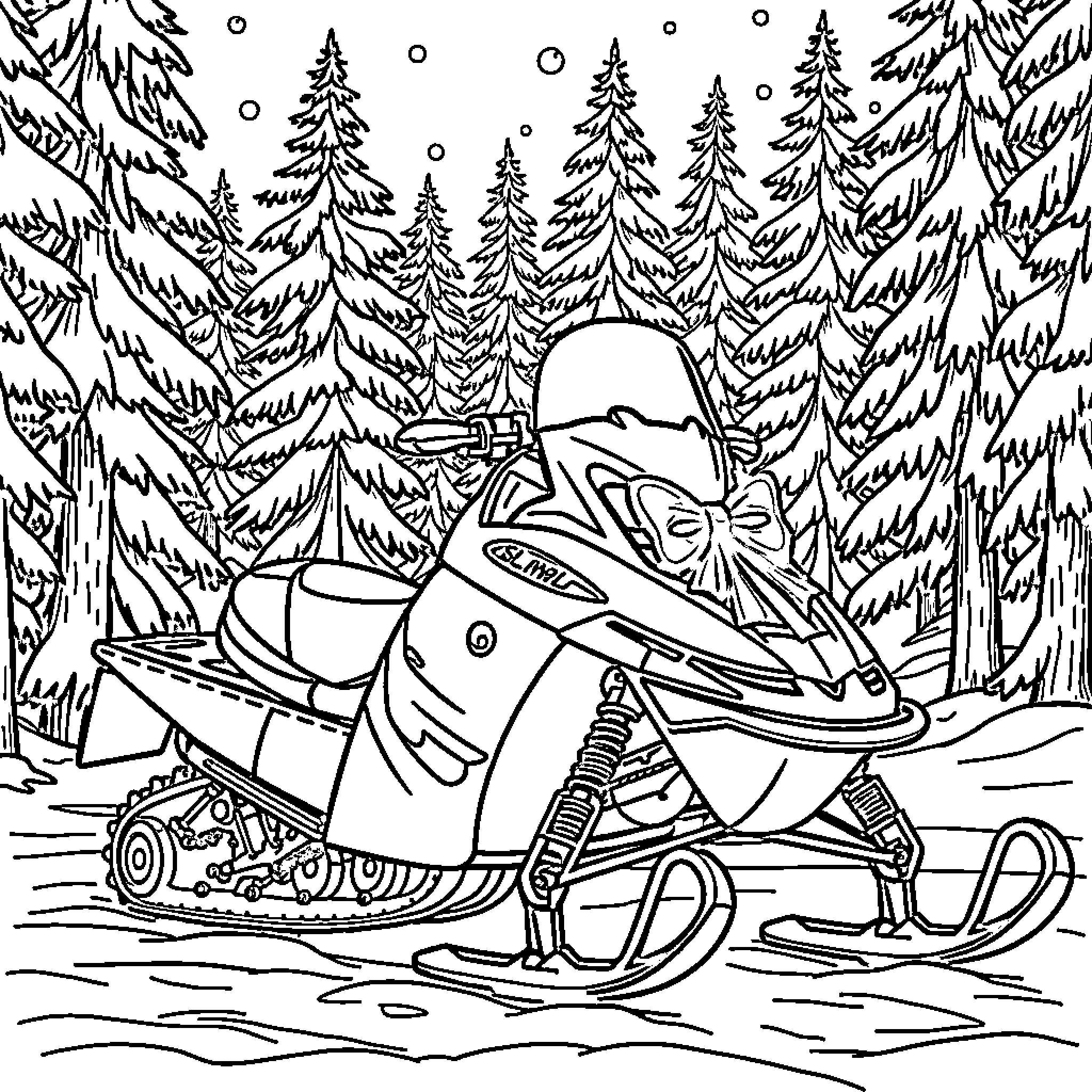 Snowmobile exploring the snowy forest Coloring Page (free black-and-white line drawing printable PDF for all, from beginners to advanced learners, including children, teens, adults, and seniors)