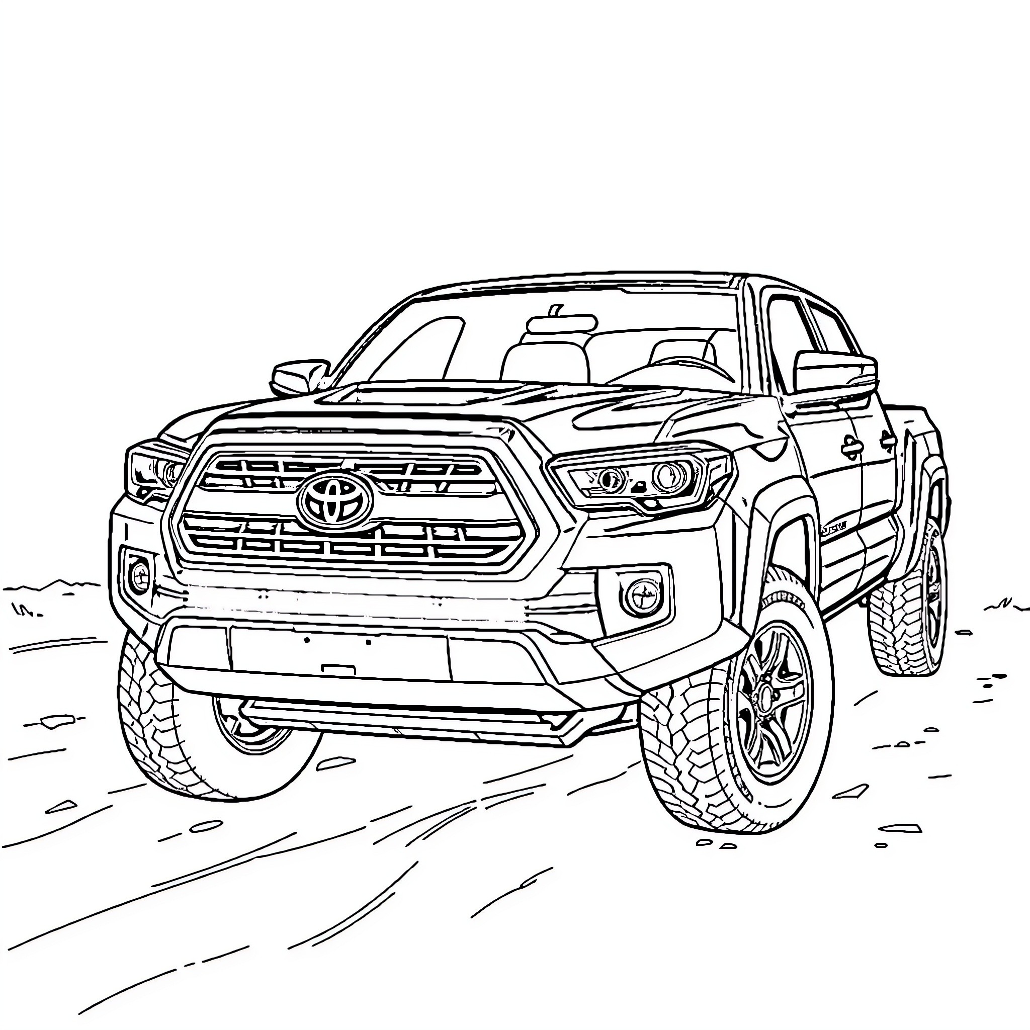 Toyota Tacoma off-road adventure Coloring Page (free black-and-white line drawing printable PDF for all, from beginners to advanced learners, including children, teens, adults, and seniors)