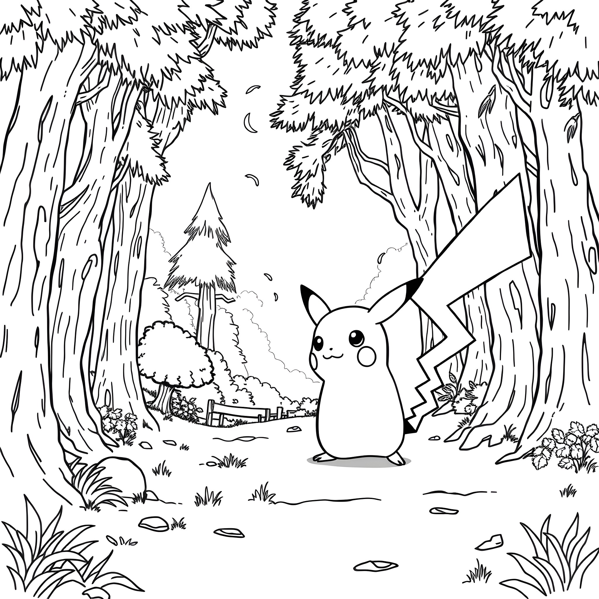 Pikachu exploring the enchanted forest Coloring Page (free black-and-white line drawing printable PDF for all, from beginners to advanced learners, including children, teens, adults, and seniors)