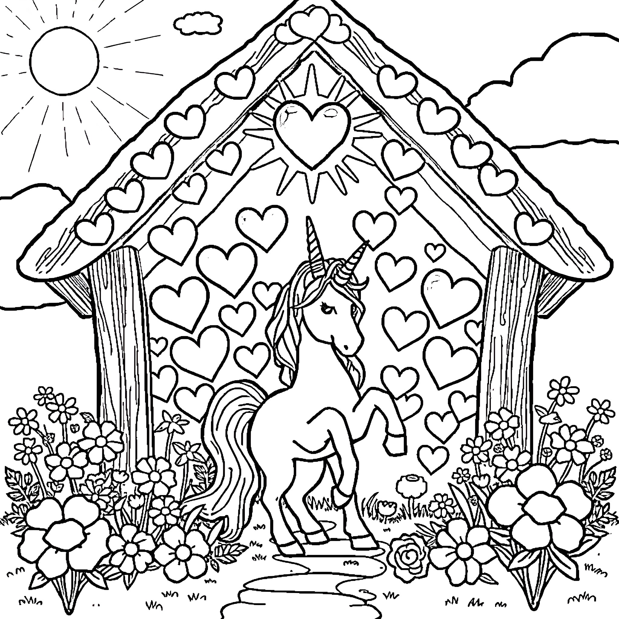 Unicorn in Whimsical Floral Gazebo Coloring Page (free black-and-white line drawing printable PDF for all, from beginners to advanced learners, including children, teens, adults, and seniors)