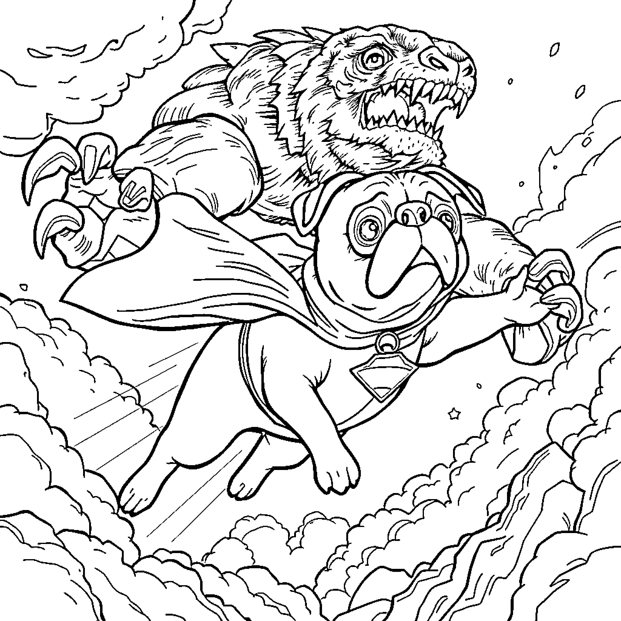 Pug and giant monster fighting in the sky Coloring Page (free black-and-white line drawing printable PDF for all, from beginners to advanced learners, including children, teens, adults, and seniors)
