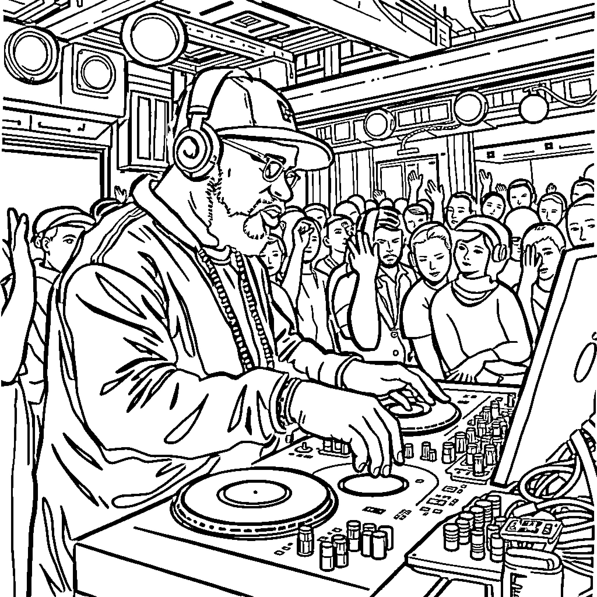 DJ Spinning Records for Energetic Crowd Coloring Page (free black-and-white line drawing printable PDF for all, from beginners to advanced learners, including children, teens, adults, and seniors)