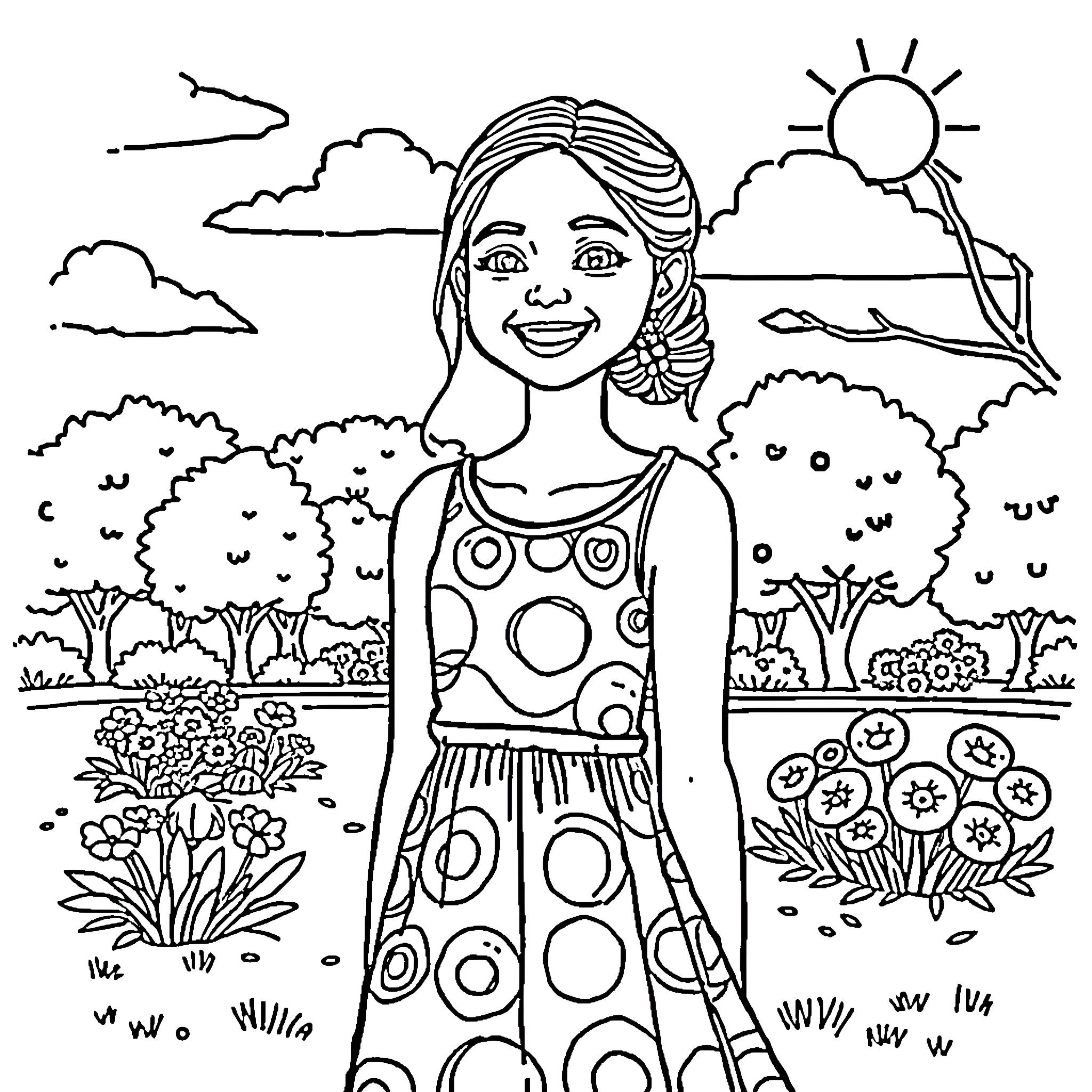 Anieyah's Joyful Outdoor Adventure Coloring Page (free black-and-white line drawing printable PDF for all, from beginners to advanced learners, including children, teens, adults, and seniors)