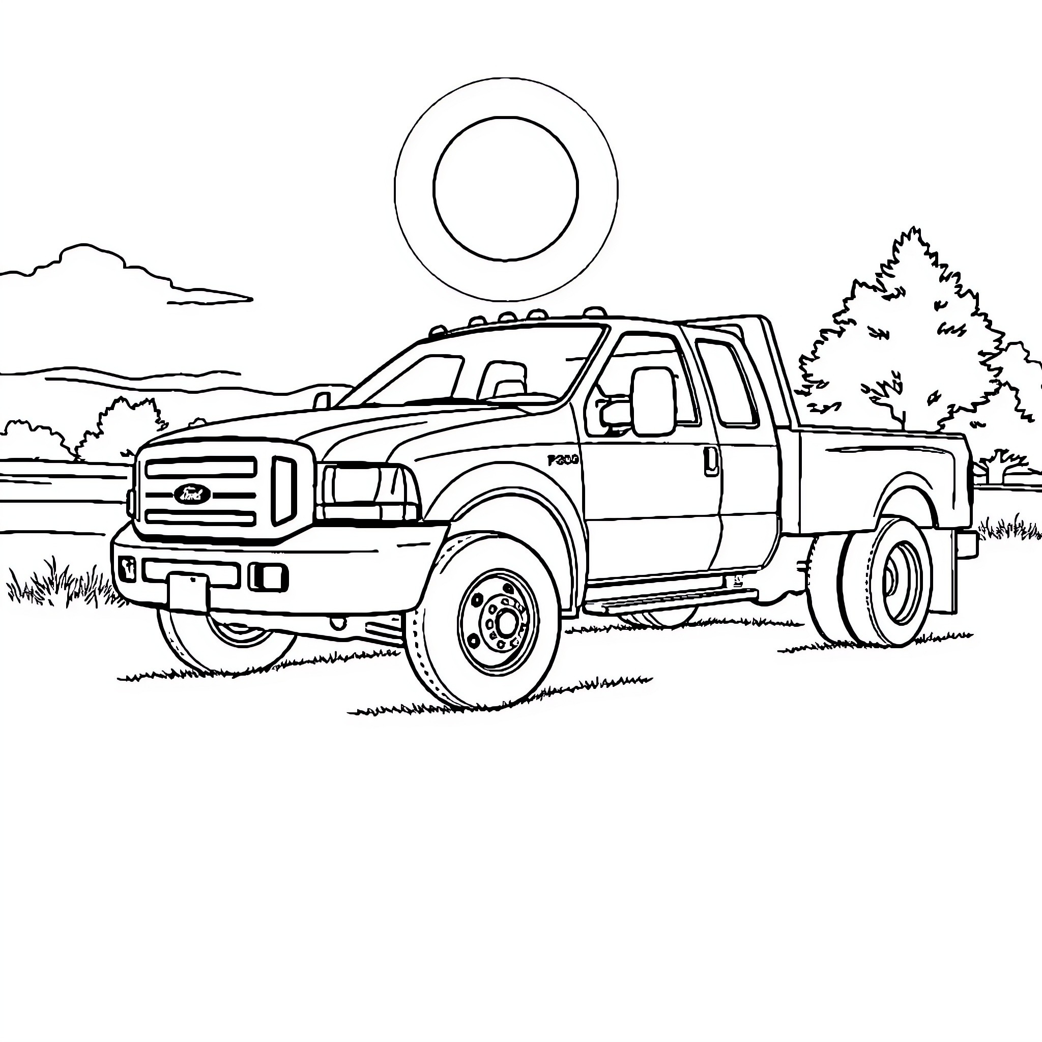 Ford F-450 truck in nature landscape Coloring Page (free black-and-white line drawing printable PDF for all, from beginners to advanced learners, including children, teens, adults, and seniors)