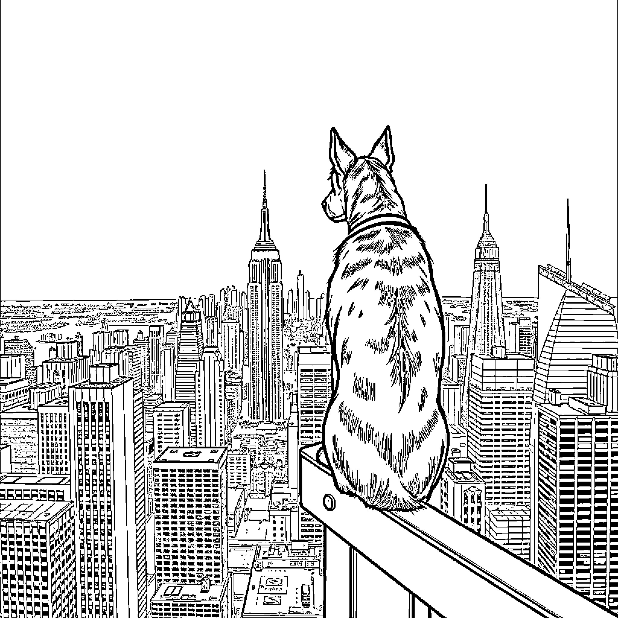 Dogman overlooking the city from a high-rise Coloring Page (free black-and-white line drawing printable PDF for all, from beginners to advanced learners, including children, teens, adults, and seniors)