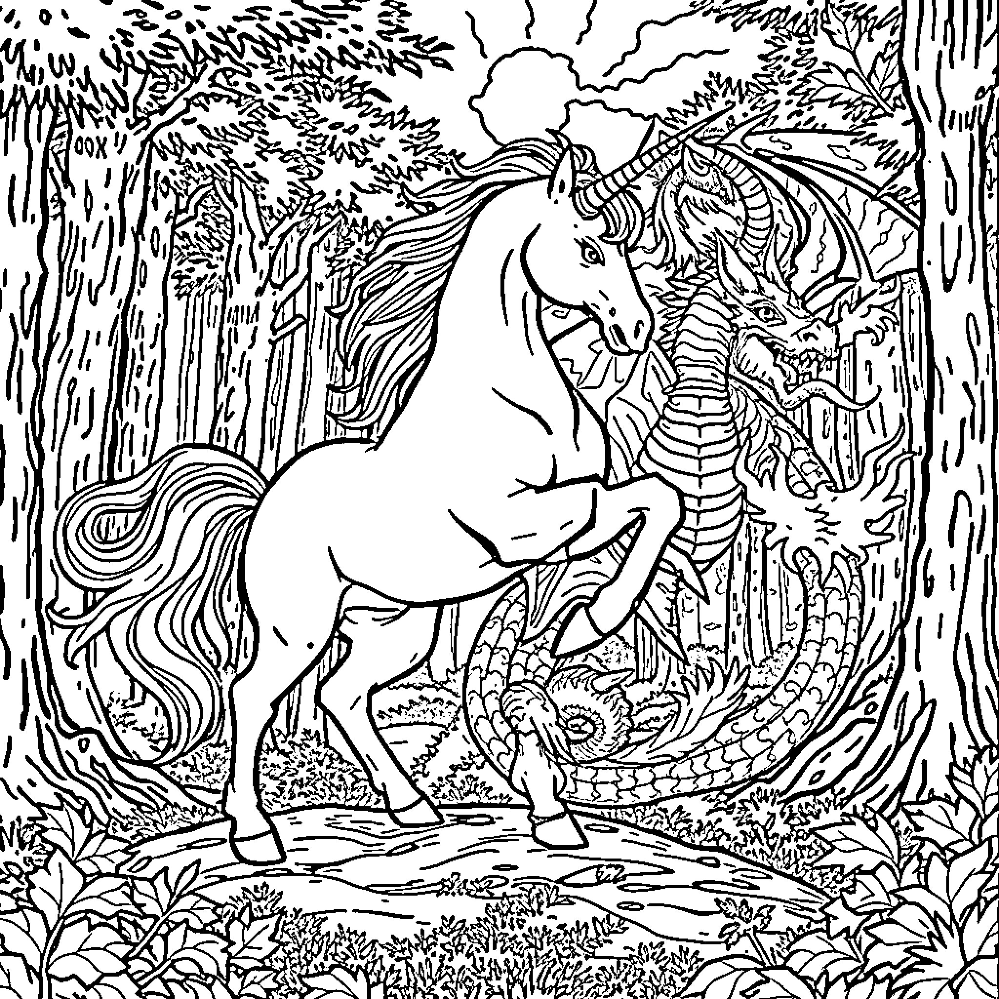 Unicorn Encounters Mystical Creature in Enchanted Forest Coloring Page (free black-and-white line drawing printable PDF for all, from beginners to advanced learners, including children, teens, adults, and seniors)
