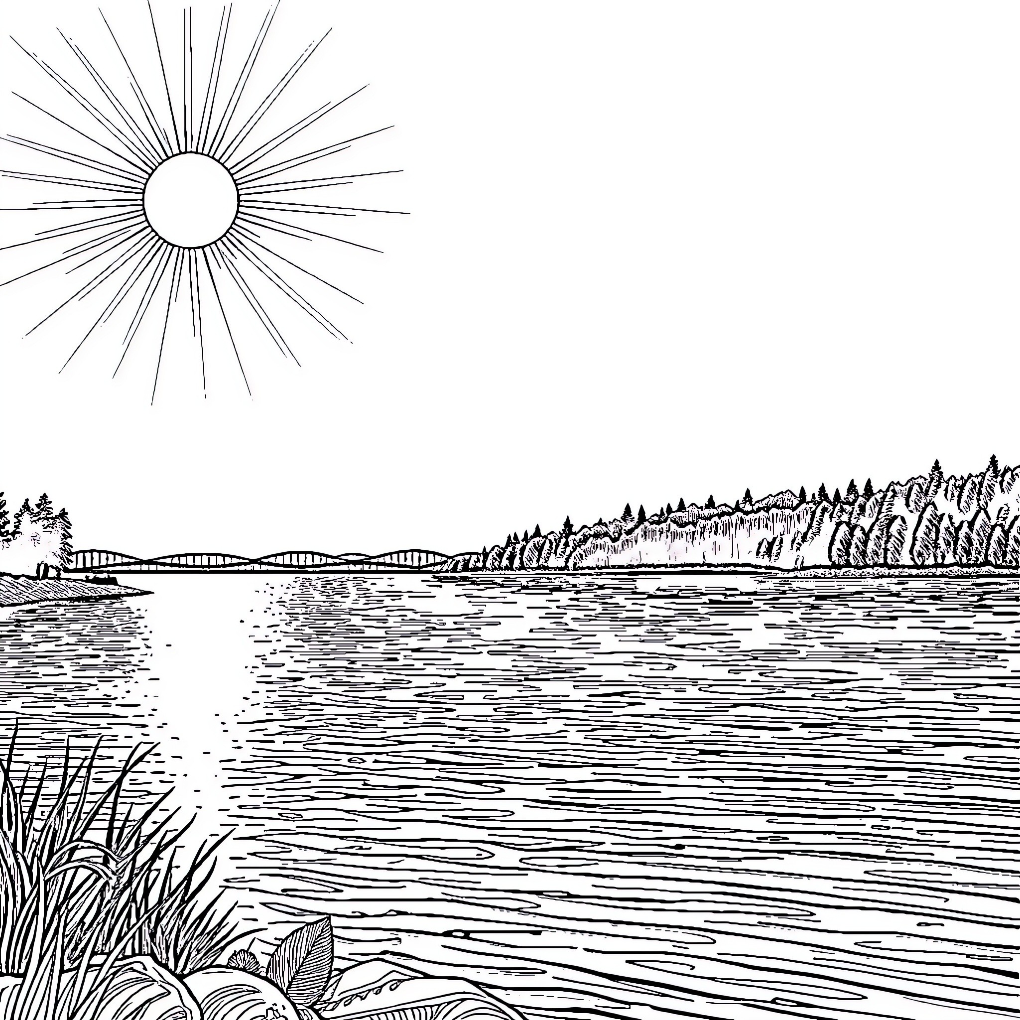 Lake with Sunburst and Wilderness Landscape Coloring Page (free black-and-white line drawing printable PDF for all, from beginners to advanced learners, including children, teens, adults, and seniors)