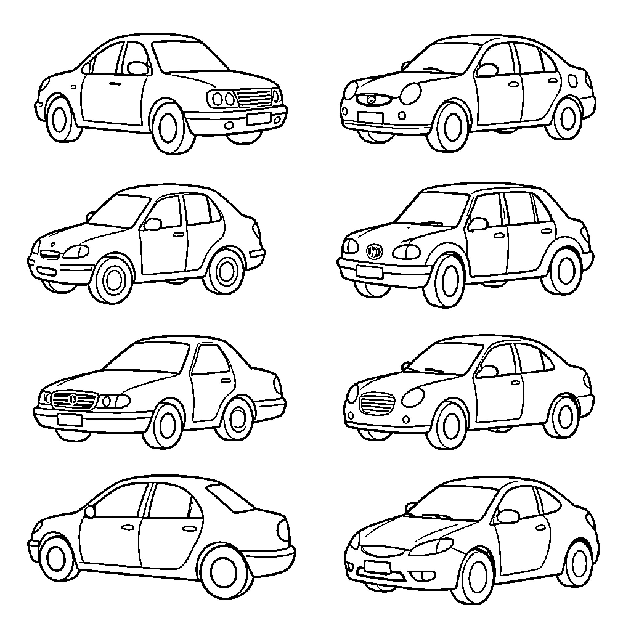 Cars of various shapes and designs Coloring Page (free black-and-white line drawing printable PDF for all, from beginners to advanced learners, including children, teens, adults, and seniors)