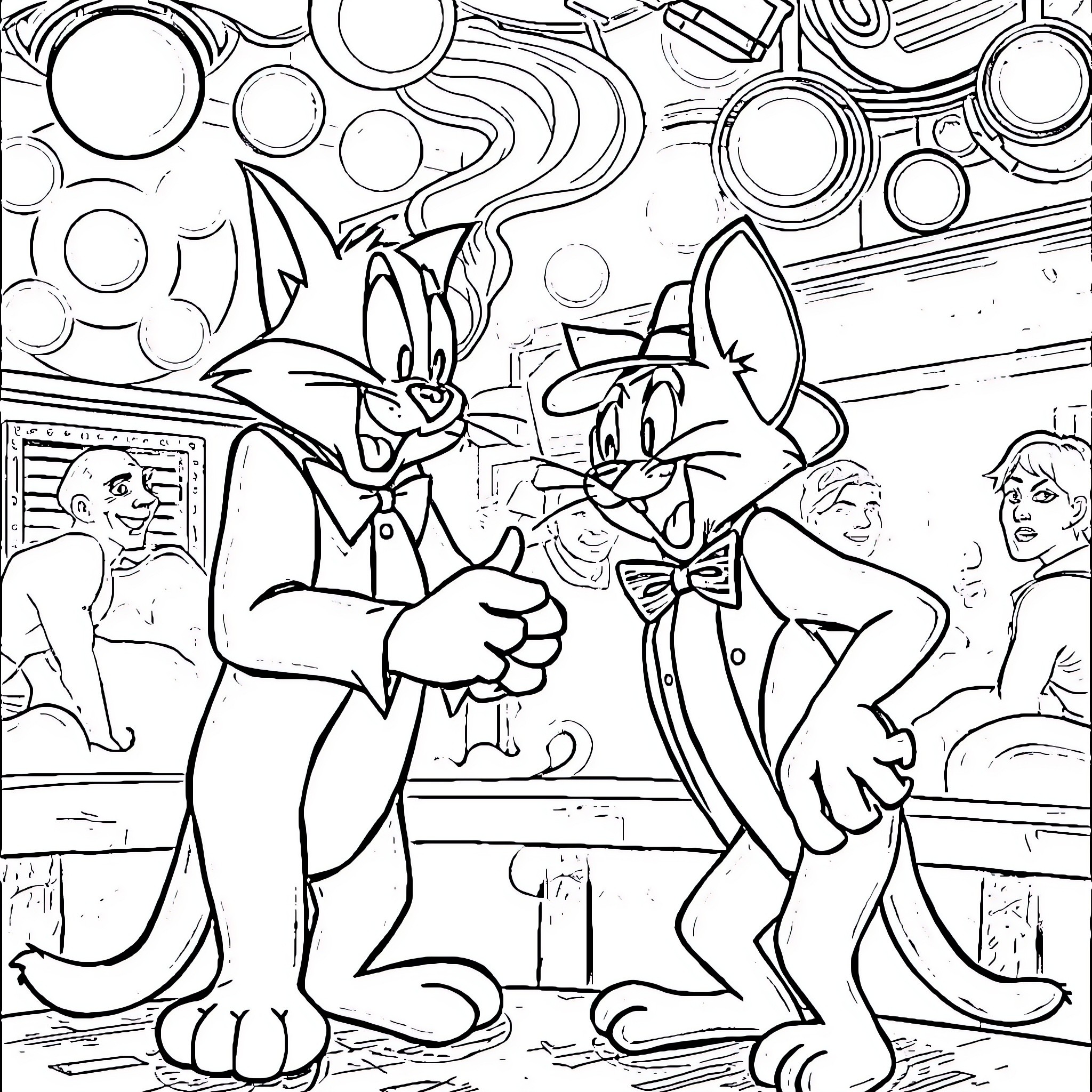 Tom and Jerry's Fun Antics in Cartoon World Coloring Page (free black-and-white line drawing printable PDF for all, from beginners to advanced learners, including children, teens, adults, and seniors)