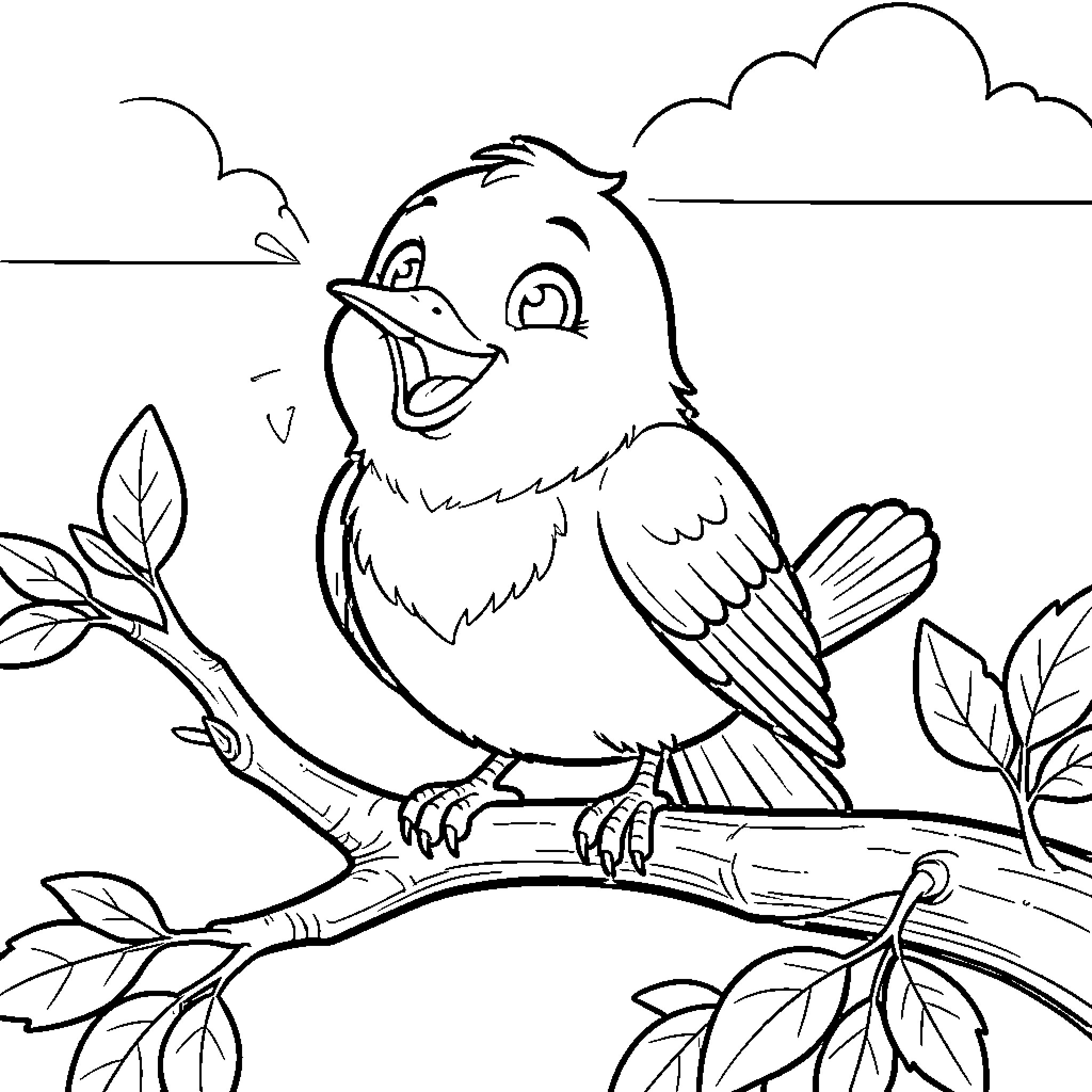 Cocu bird chirping joyfully on branch Coloring Page (free black-and-white line drawing printable PDF for all, from beginners to advanced learners, including children, teens, adults, and seniors)