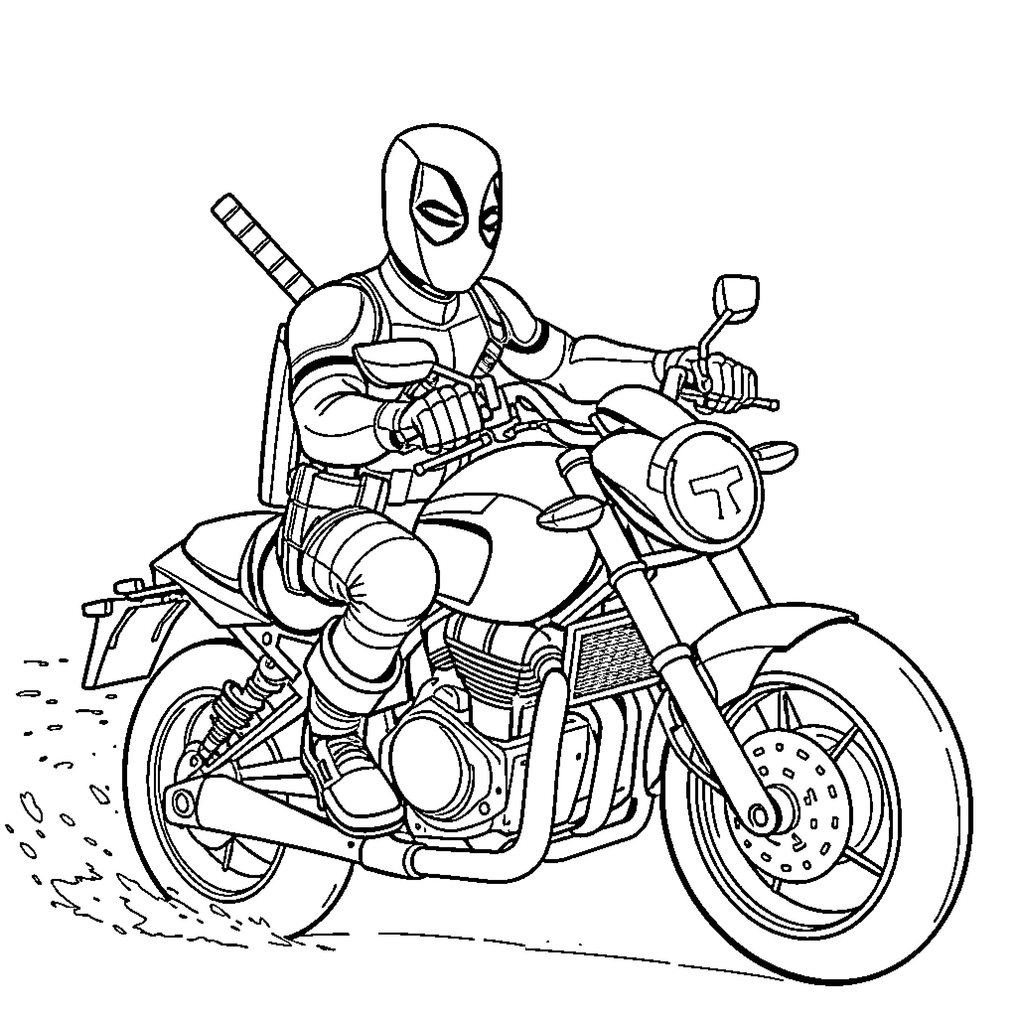 Deadpool riding his motorcycle with style Coloring Page (free black-and-white line drawing printable PDF for all, from beginners to advanced learners, including children, teens, adults, and seniors)