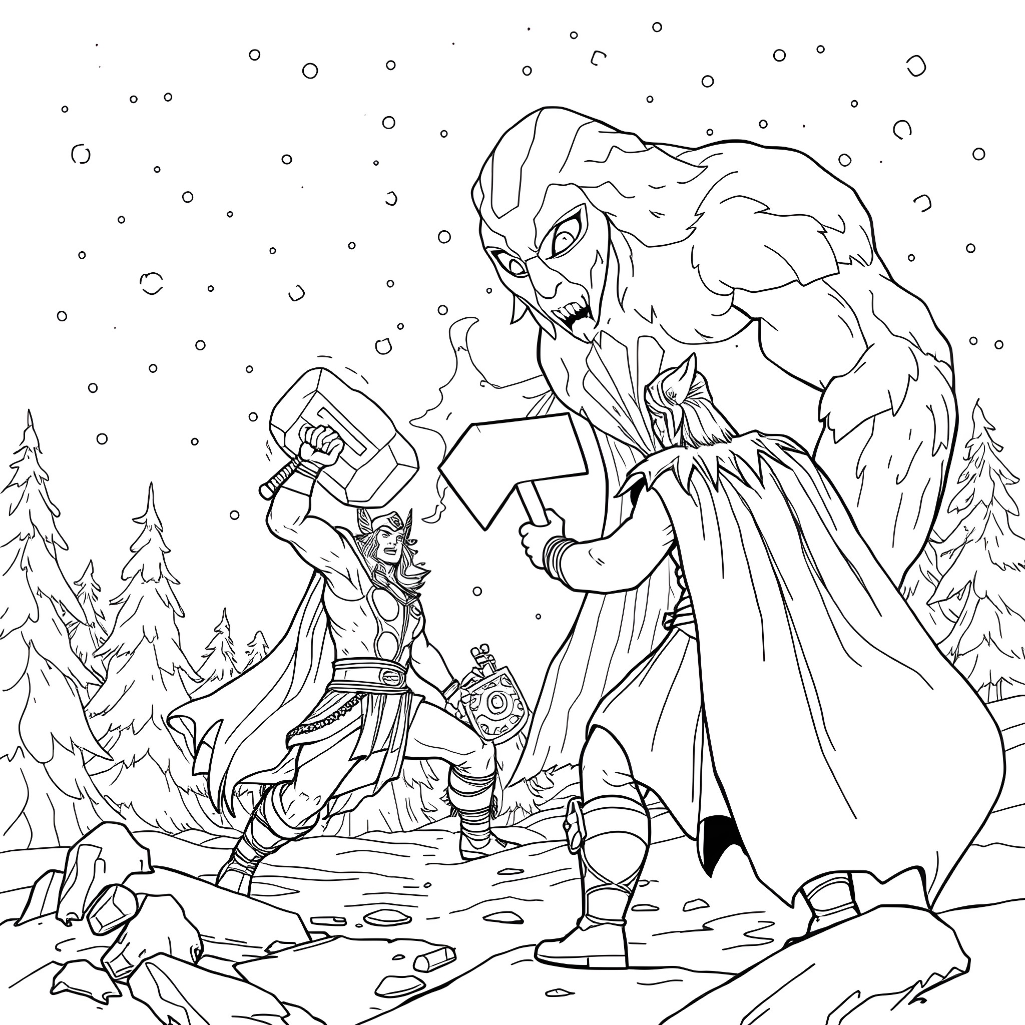 Thor in an epic winter battle with a giant Coloring Page (free black-and-white line drawing printable PDF for all, from beginners to advanced learners, including children, teens, adults, and seniors)