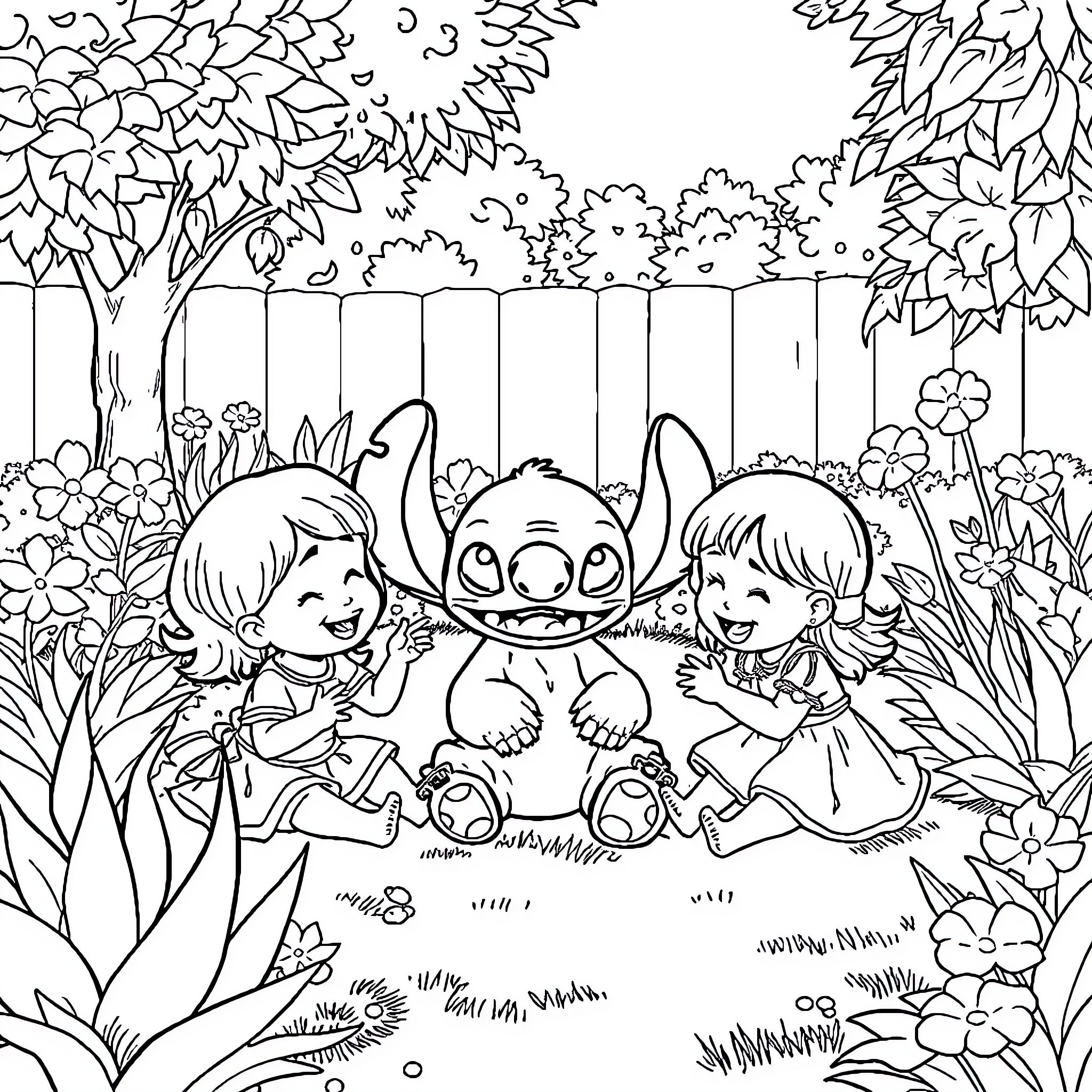 Stitch playing joyfully with children in a garden Coloring Page (free black-and-white line drawing printable PDF for all, from beginners to advanced learners, including children, teens, adults, and seniors)