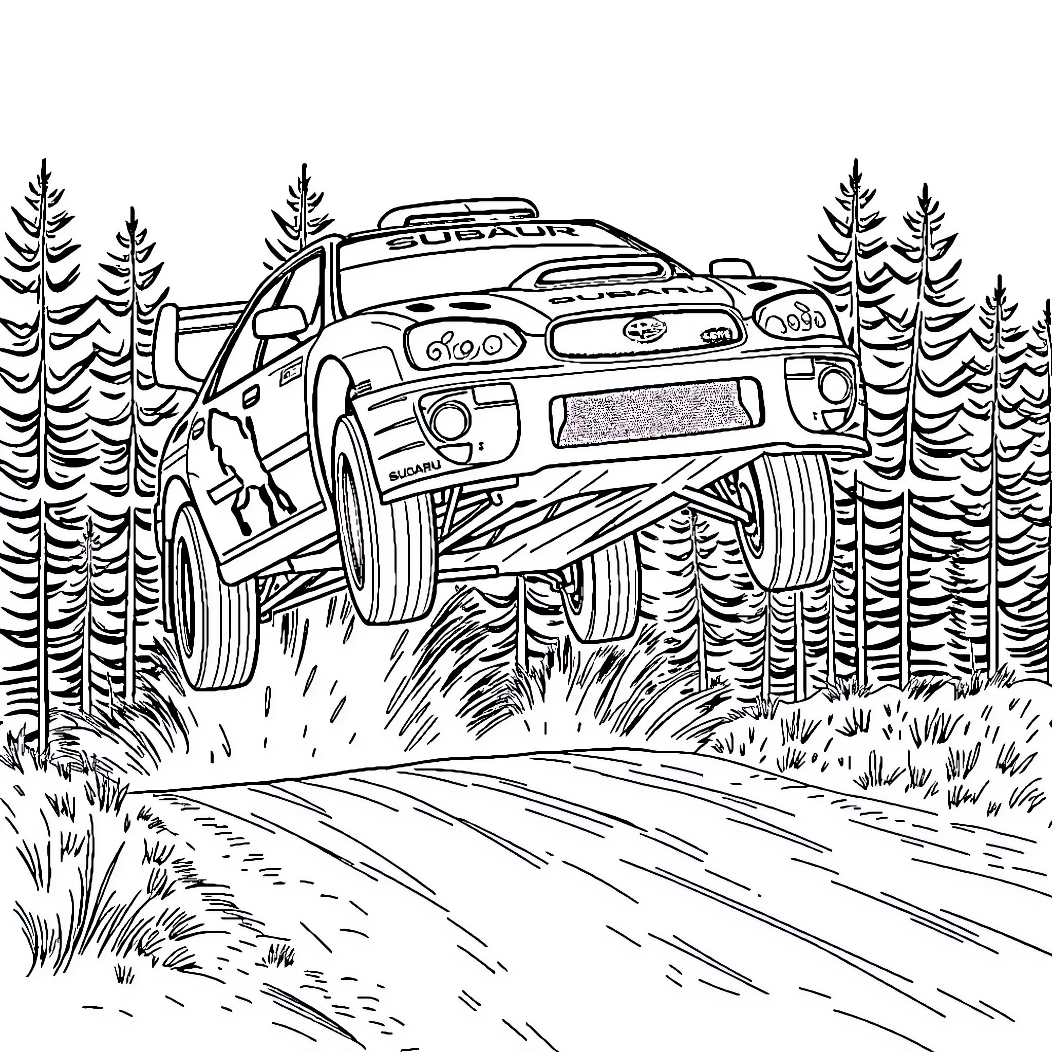 Subaru rally car racing through forest Coloring Page (free black-and-white line drawing printable PDF for all, from beginners to advanced learners, including children, teens, adults, and seniors)