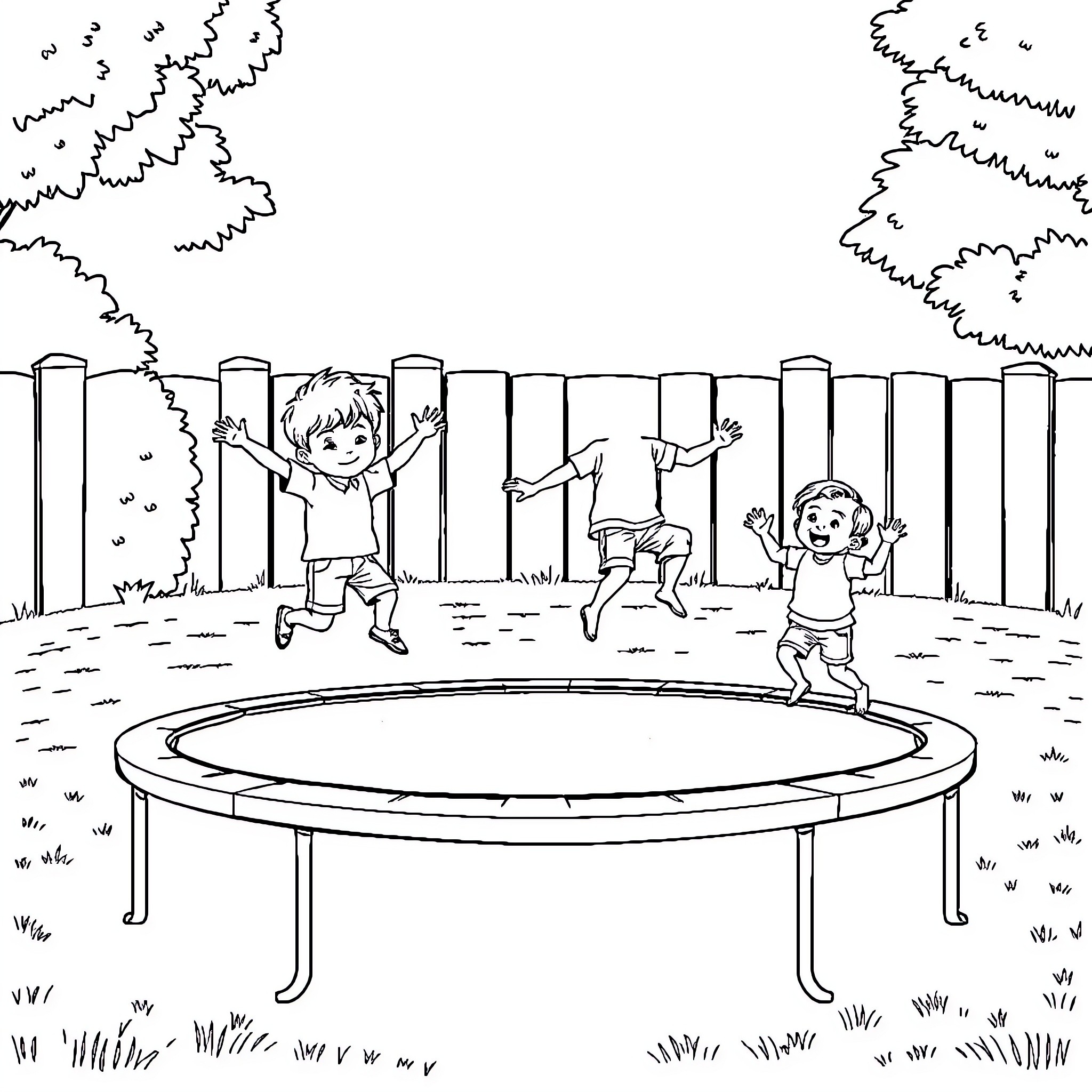 Brothers Jumping Happily on Trampoline Coloring Page (free black-and-white line drawing printable PDF for all, from beginners to advanced learners, including children, teens, adults, and seniors)