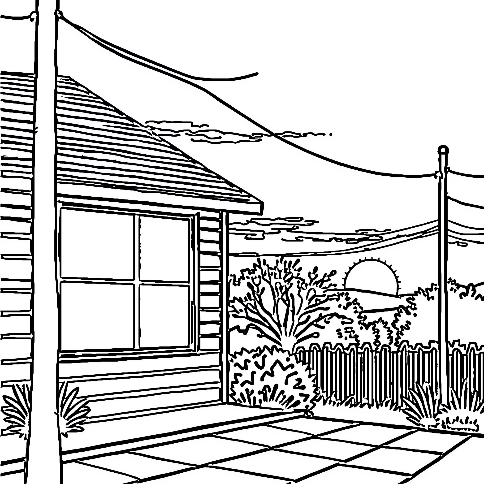 Twilight Cabin in the Countryside Coloring Page (free black-and-white line drawing printable PDF for all, from beginners to advanced learners, including children, teens, adults, and seniors)