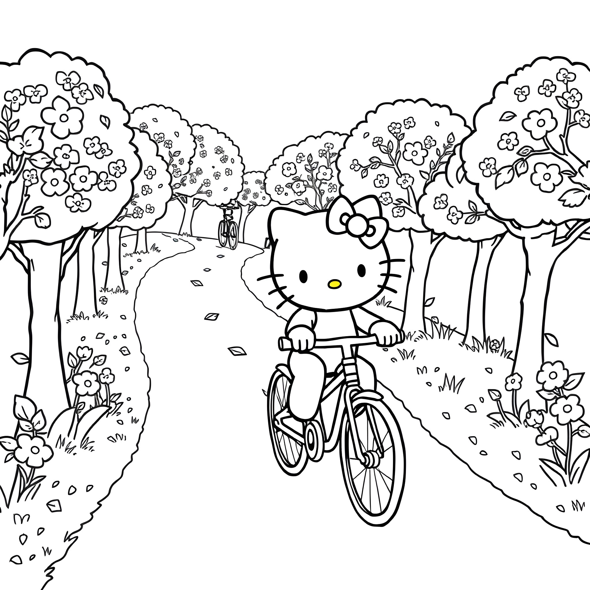 Hello Kitty enjoying a bike ride in the nature Coloring Page (free black-and-white line drawing printable PDF for all, from beginners to advanced learners, including children, teens, adults, and seniors)