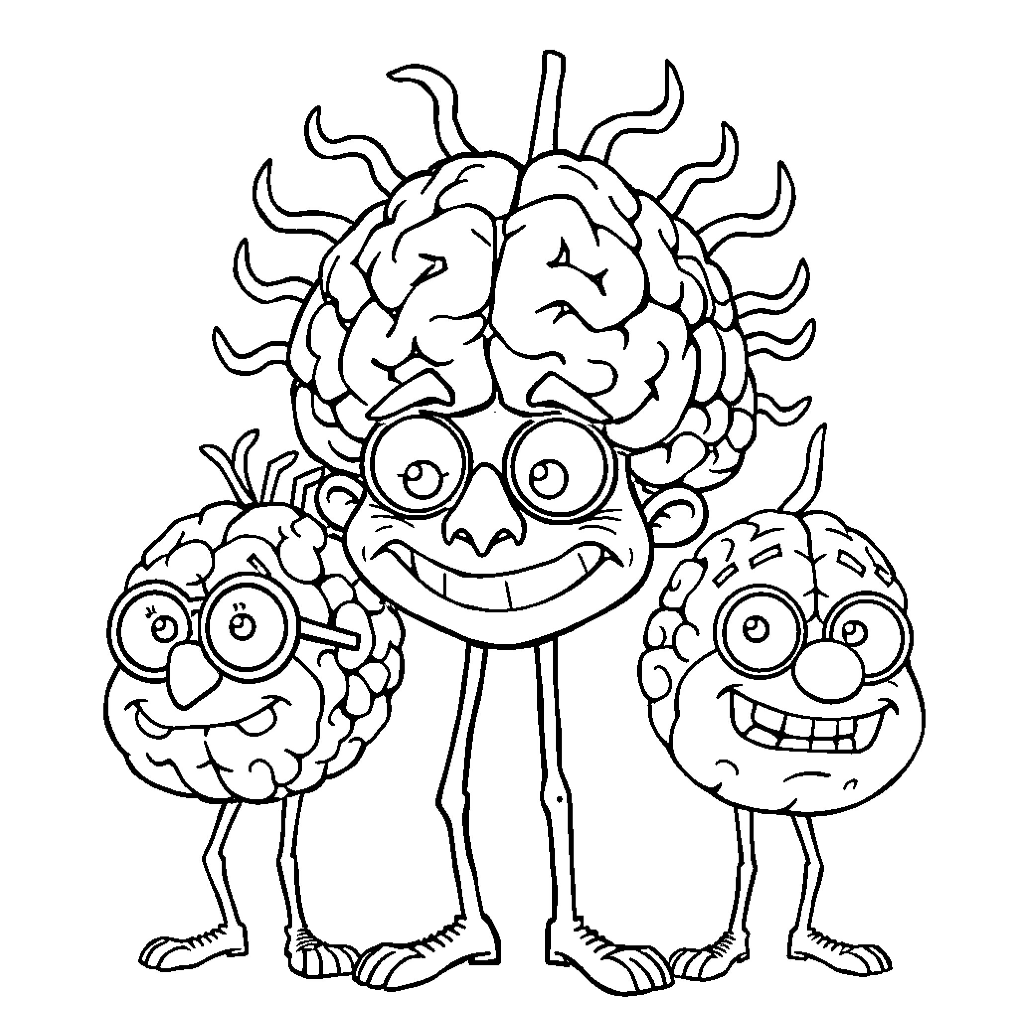 Brainrot Character Trio of Goofy Cartoon Creatures Coloring Page (free black-and-white line drawing printable PDF for all, from beginners to advanced learners, including children, teens, adults, and seniors)