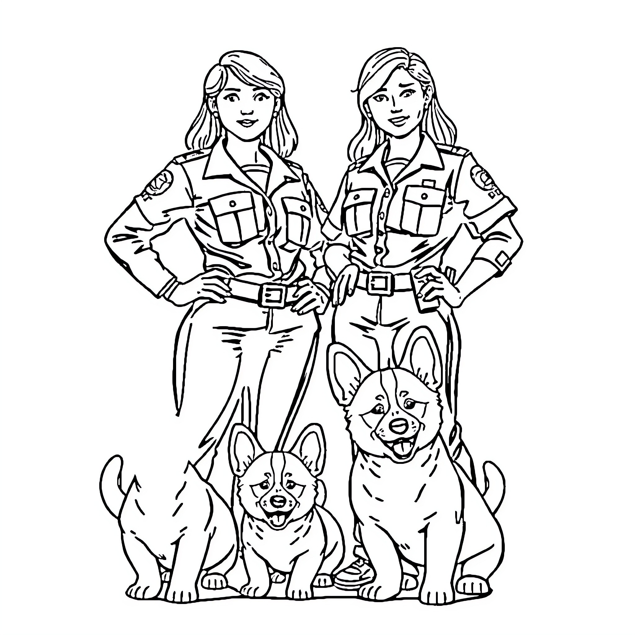 Women in Uniform Posing with Trained Dogs Coloring Page (free black-and-white line drawing printable PDF for all, from beginners to advanced learners, including children, teens, adults, and seniors)