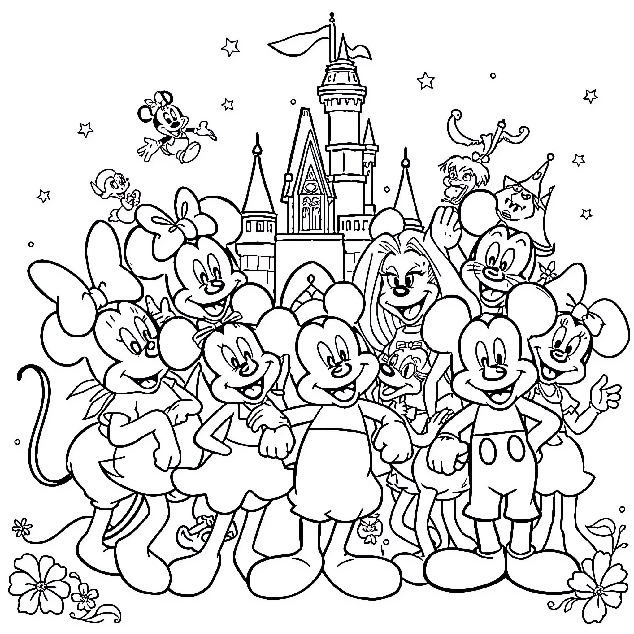 Disney characters in a whimsical scene with castle Coloring Page (free black-and-white line drawing printable PDF for all, from beginners to advanced learners, including children, teens, adults, and seniors)