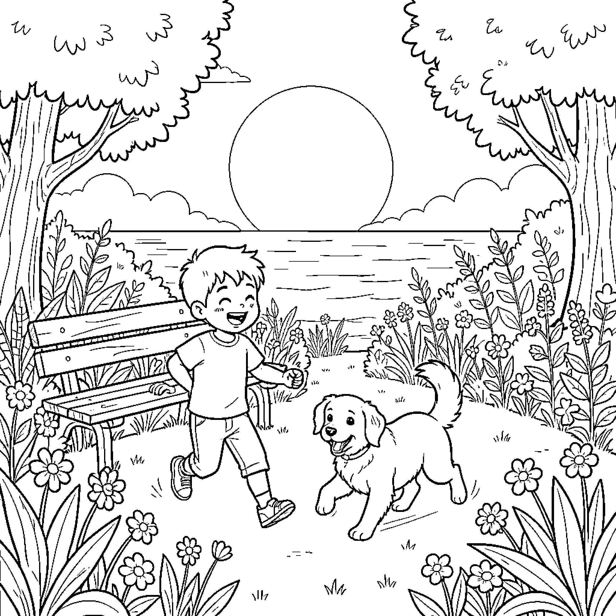 Niño playing joyfully with a dog by the lake Coloring Page (free black-and-white line drawing printable PDF for all, from beginners to advanced learners, including children, teens, adults, and seniors)