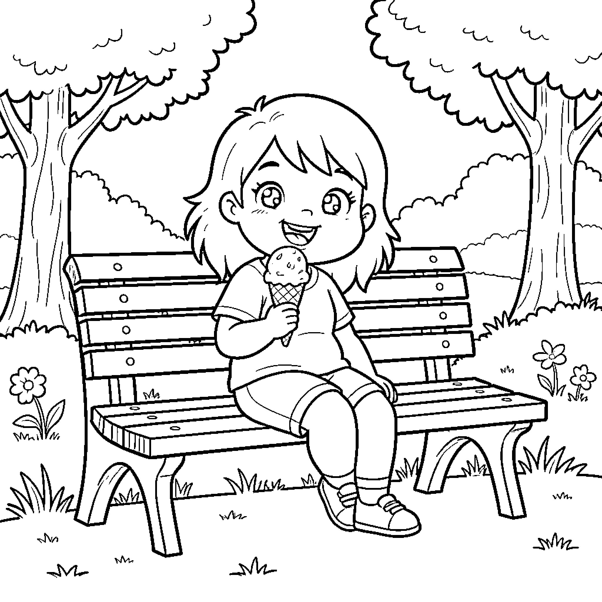 Rymi sitting on a bench eating ice cream Coloring Page (free black-and-white line drawing printable PDF for all, from beginners to advanced learners, including children, teens, adults, and seniors)
