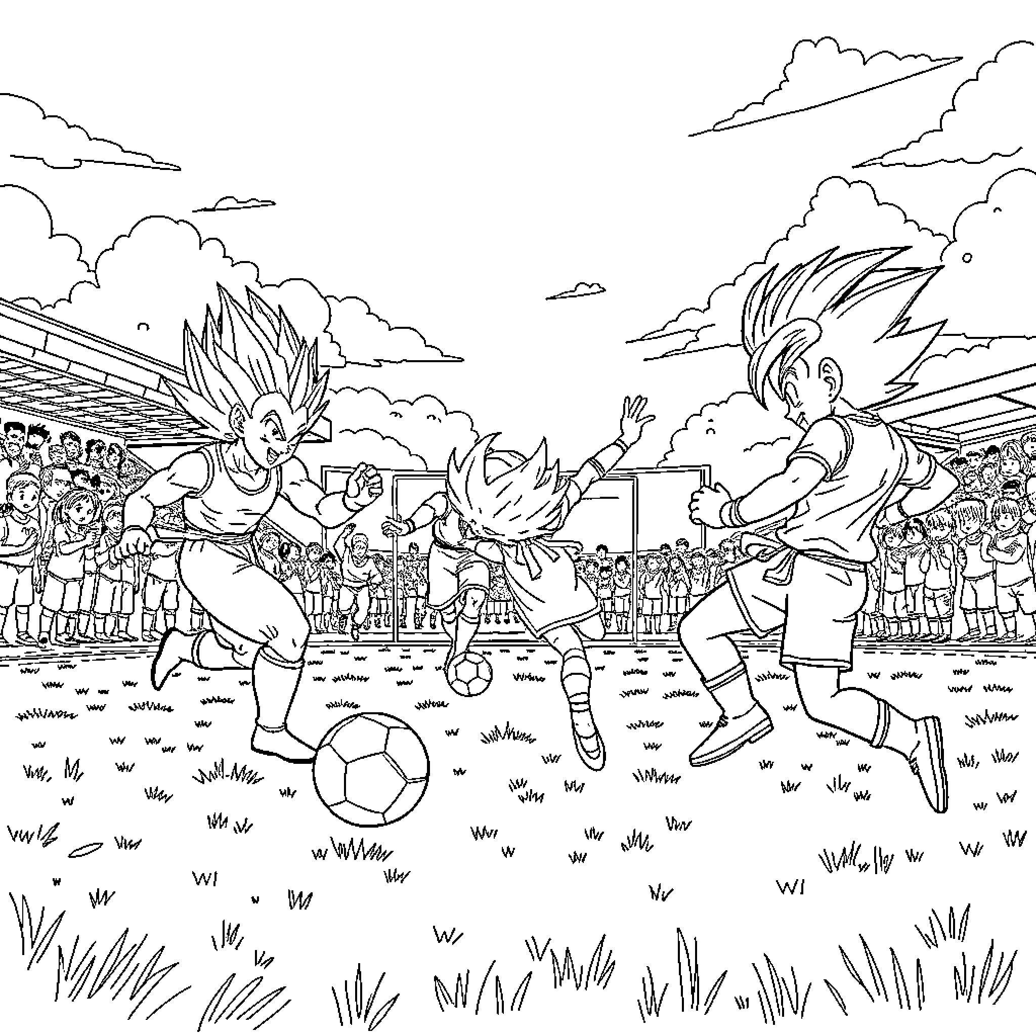 Character soccer players competing in a match Coloring Page (free black-and-white line drawing printable PDF for all, from beginners to advanced learners, including children, teens, adults, and seniors)