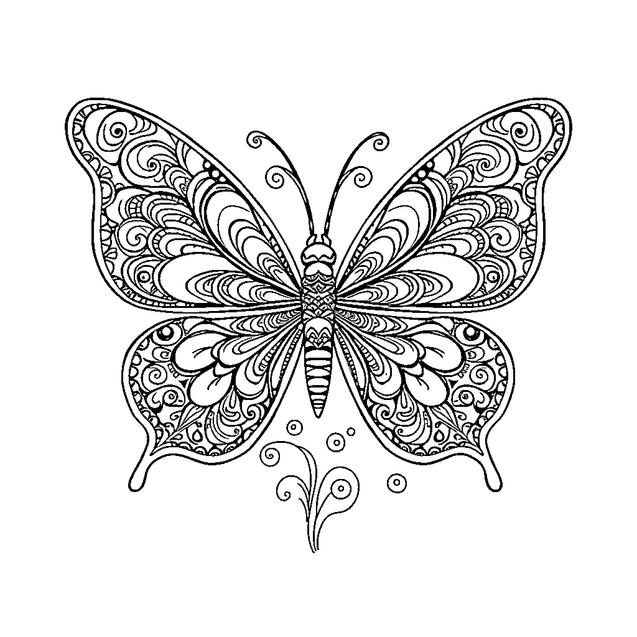 Butterfly with intricate floral patterns Coloring Page (free black-and-white line drawing printable PDF for all, from beginners to advanced learners, including children, teens, adults, and seniors)
