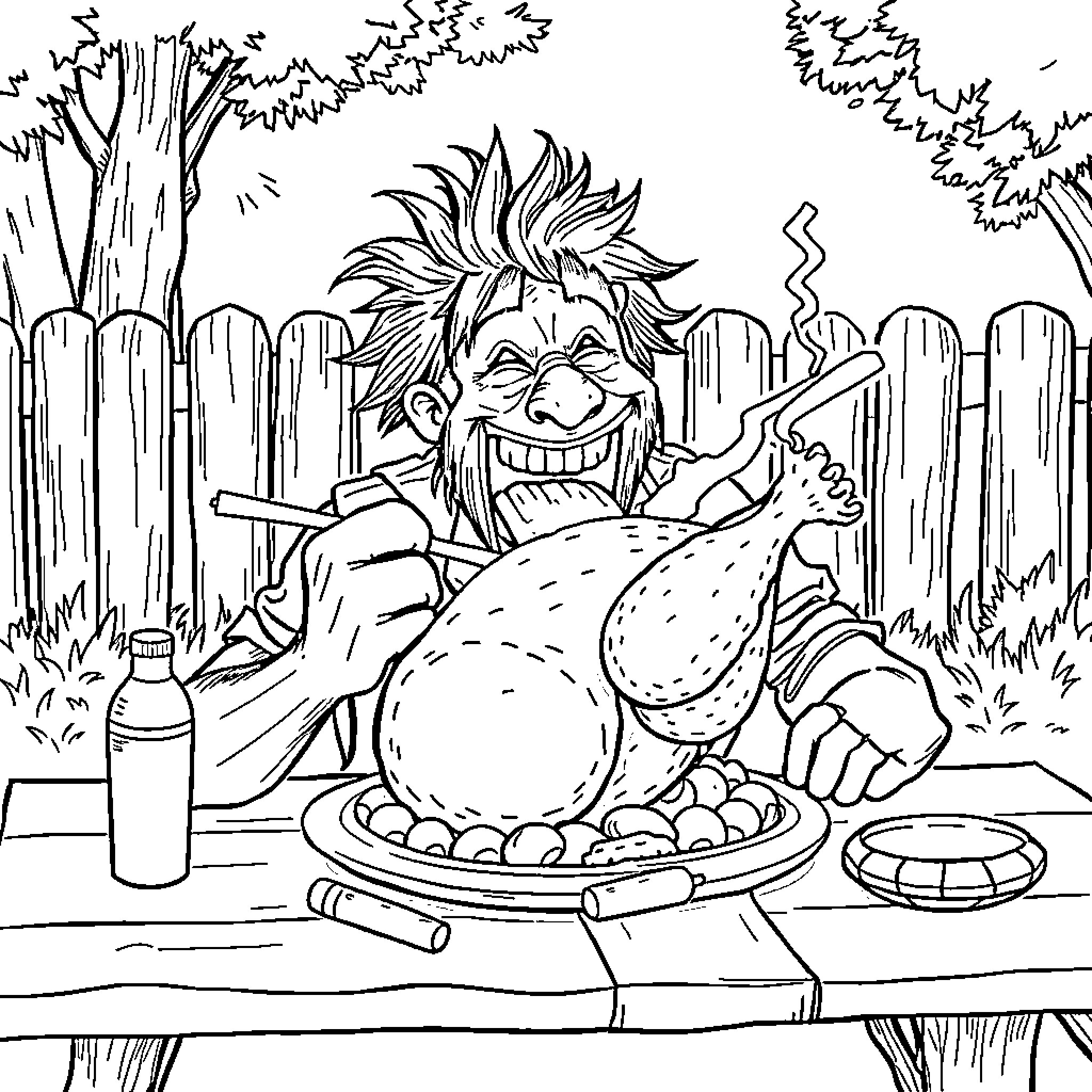 Man Cooking Delicious Meal Outdoors Coloring Page (free black-and-white line drawing printable PDF for all, from beginners to advanced learners, including children, teens, adults, and seniors)