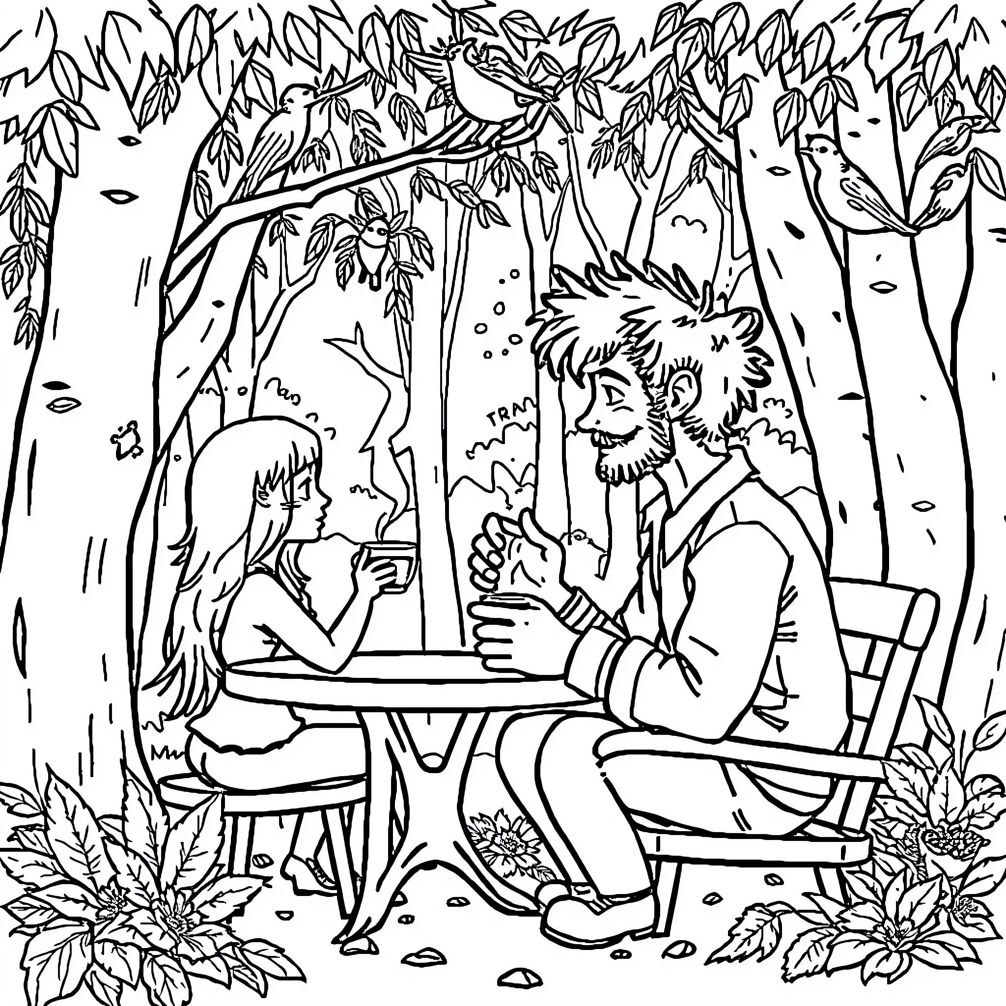 Coffee date in enchanted forest Coloring Page (free black-and-white line drawing printable PDF for all, from beginners to advanced learners, including children, teens, adults, and seniors)