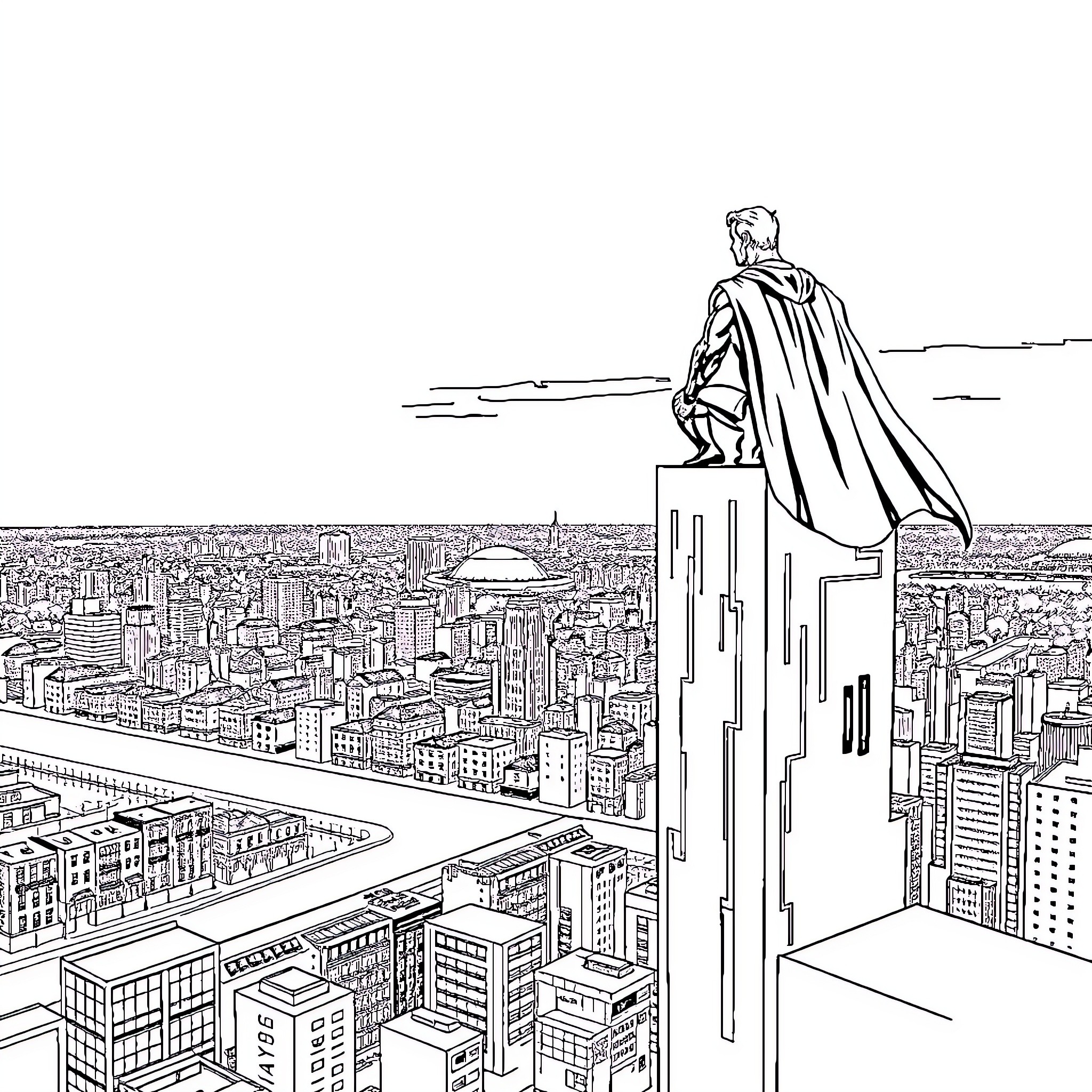 Superman overlooking the city skyline Coloring Page (free black-and-white line drawing printable PDF for all, from beginners to advanced learners, including children, teens, adults, and seniors)