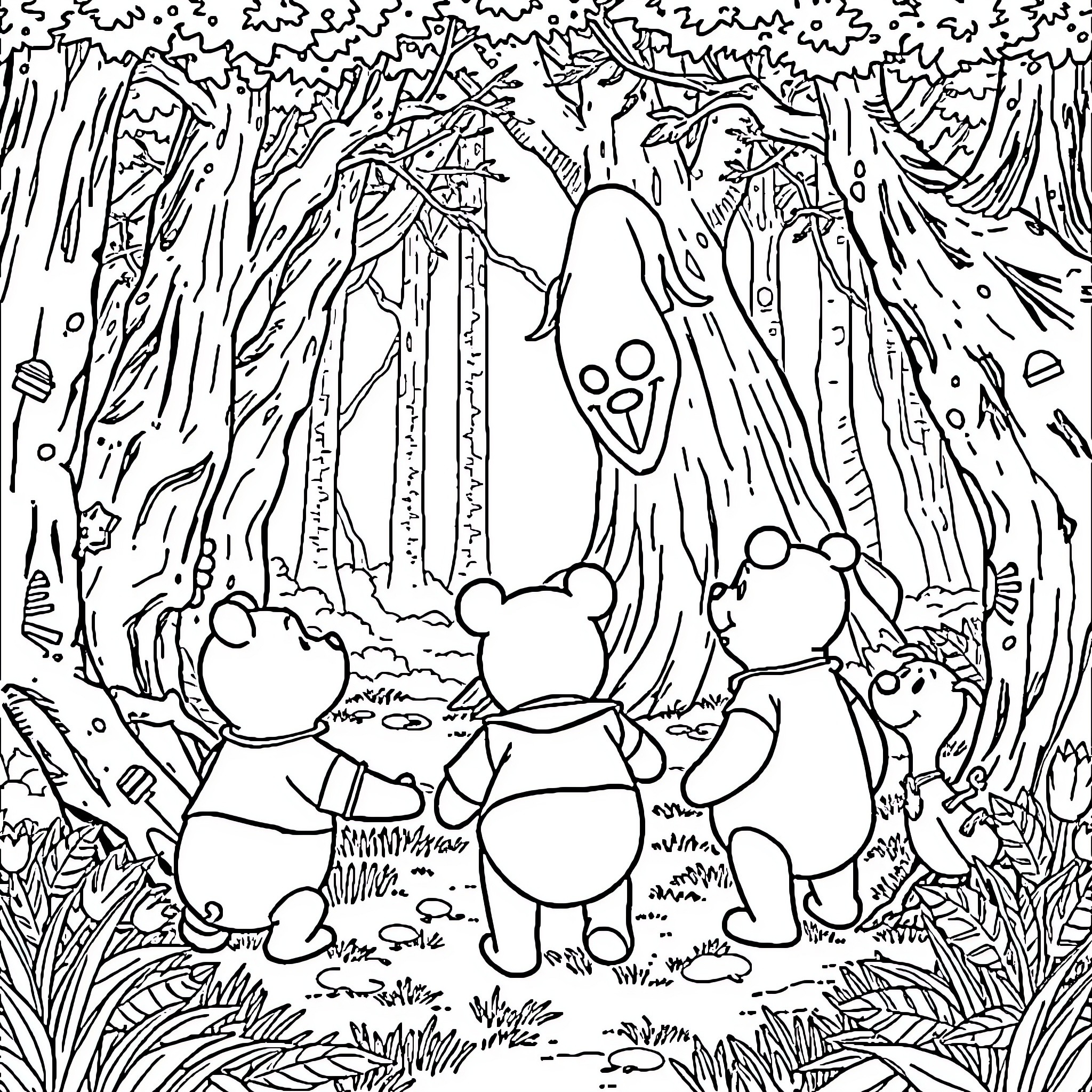 Winnie The Pooh and friends exploring the enchanted forest Coloring Page (free black-and-white line drawing printable PDF for all, from beginners to advanced learners, including children, teens, adults, and seniors)