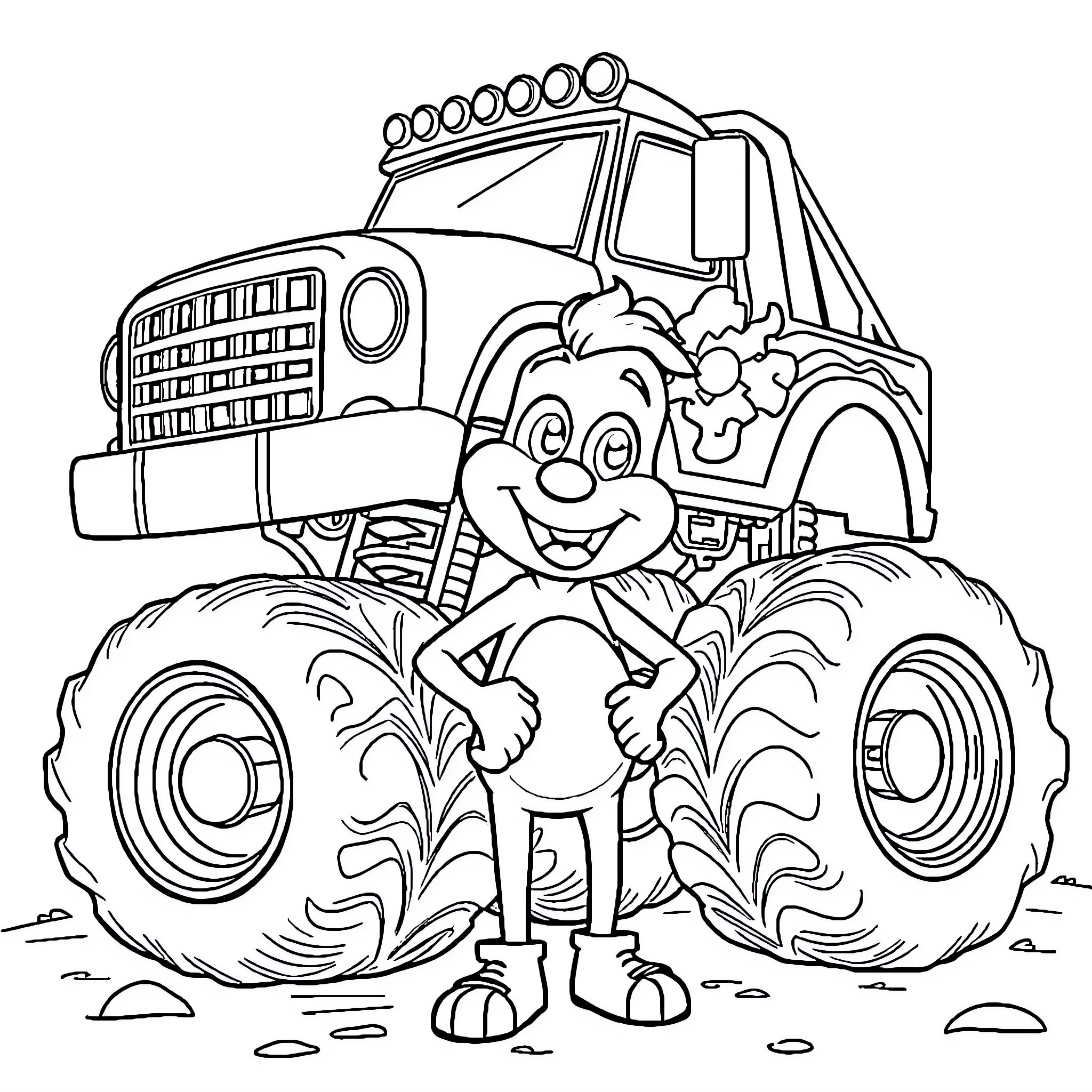 Bluey and the Mighty Monster Truck Coloring Page (free black-and-white line drawing printable PDF for all, from beginners to advanced learners, including children, teens, adults, and seniors)