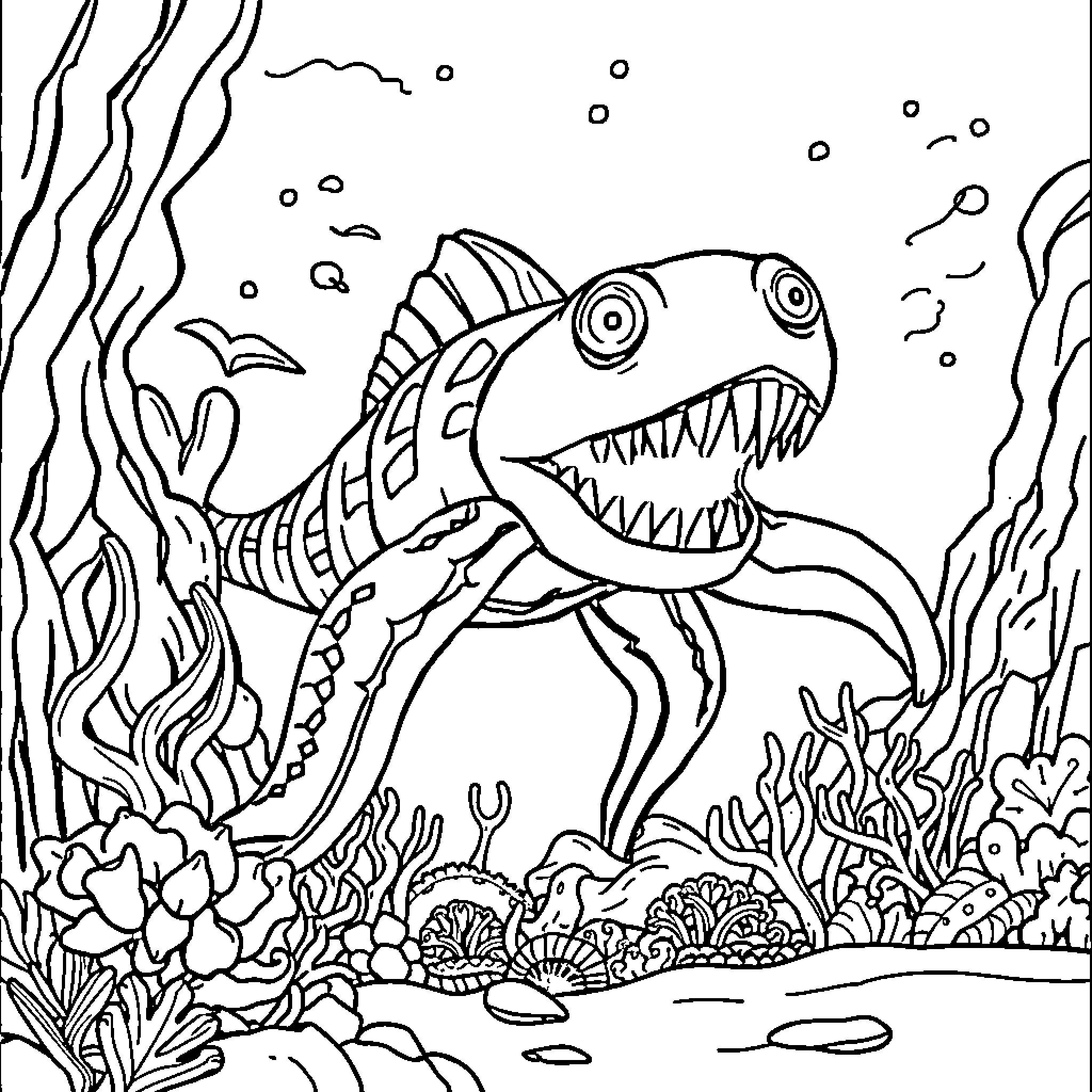 Seabeast with sharp teeth hunting underwater Coloring Page (free black-and-white line drawing printable PDF for all, from beginners to advanced learners, including children, teens, adults, and seniors)