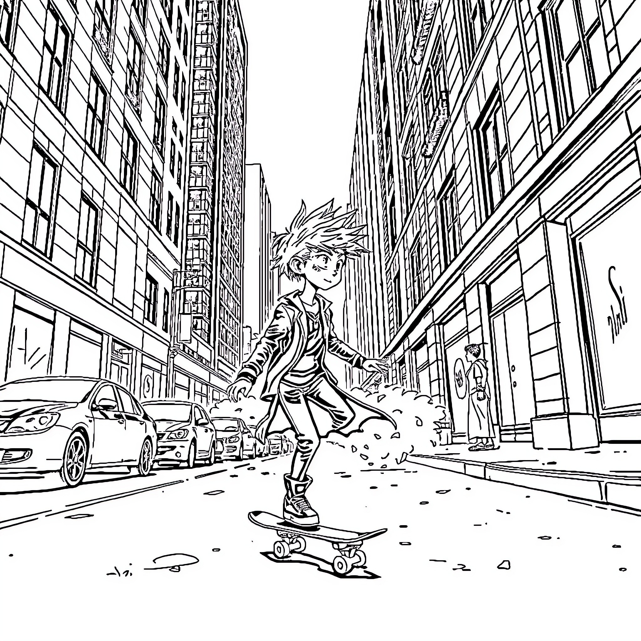 Gothic Boy Skateboarding in the City Coloring Page (free black-and-white line drawing printable PDF for all, from beginners to advanced learners, including children, teens, adults, and seniors)