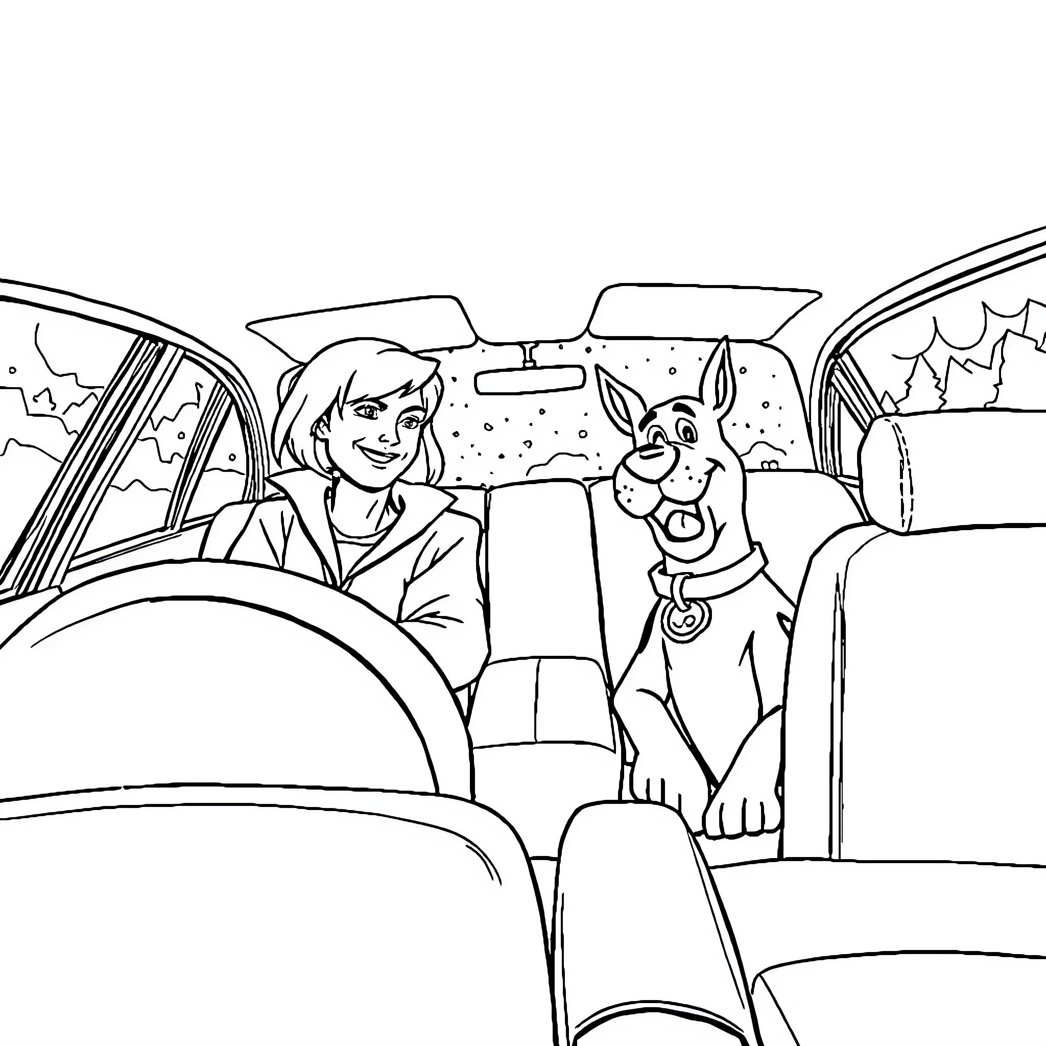 Scooby Doo and friend riding in car Coloring Page (free black-and-white line drawing printable PDF for all, from beginners to advanced learners, including children, teens, adults, and seniors)