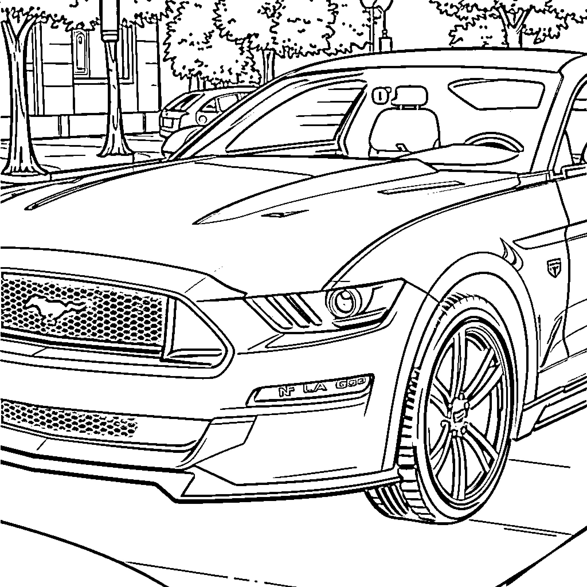Mustang street-racing in urban setting Coloring Page (free black-and-white line drawing printable PDF for all, from beginners to advanced learners, including children, teens, adults, and seniors)