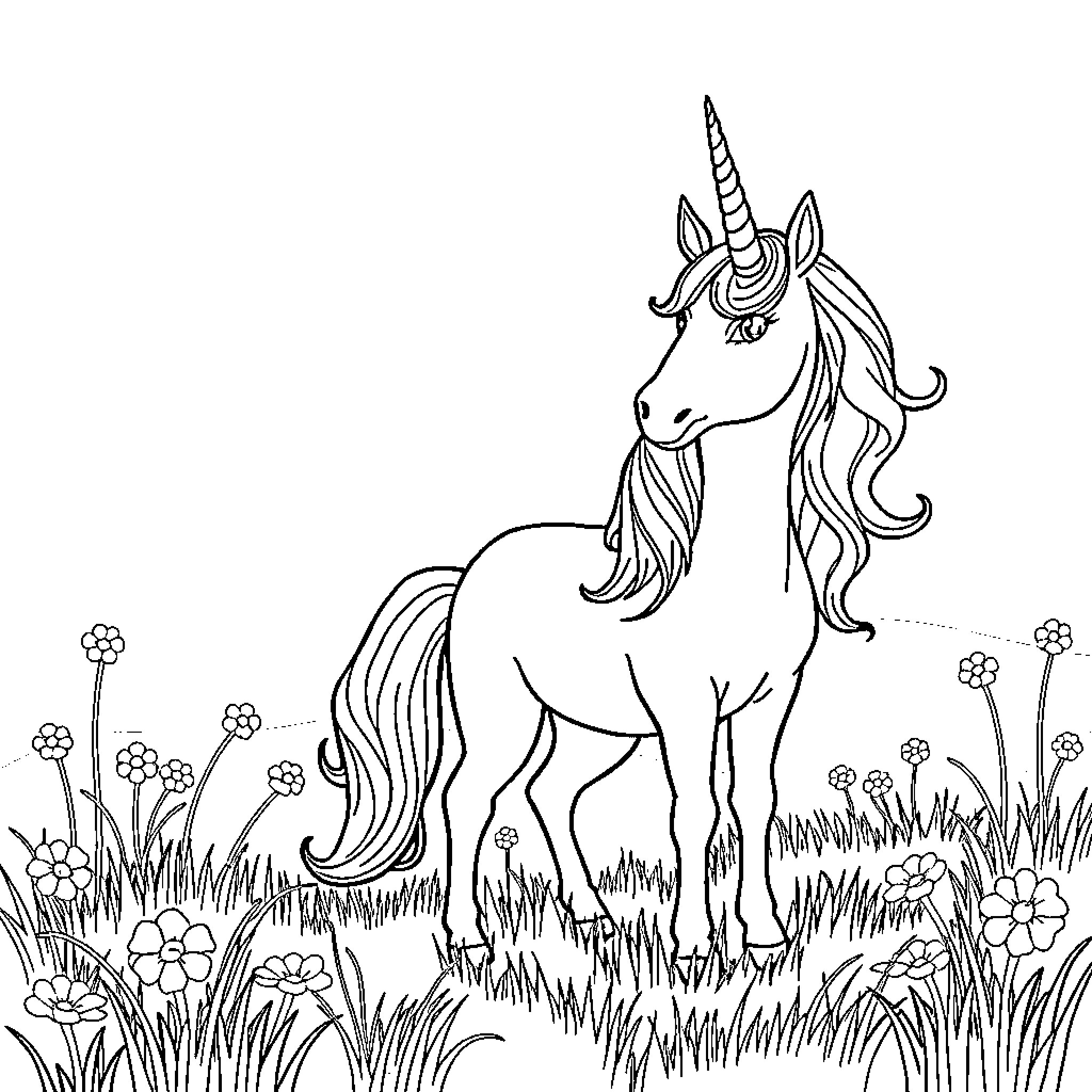 Unicorn standing amidst floral meadow Coloring Page (free black-and-white line drawing printable PDF for all, from beginners to advanced learners, including children, teens, adults, and seniors)