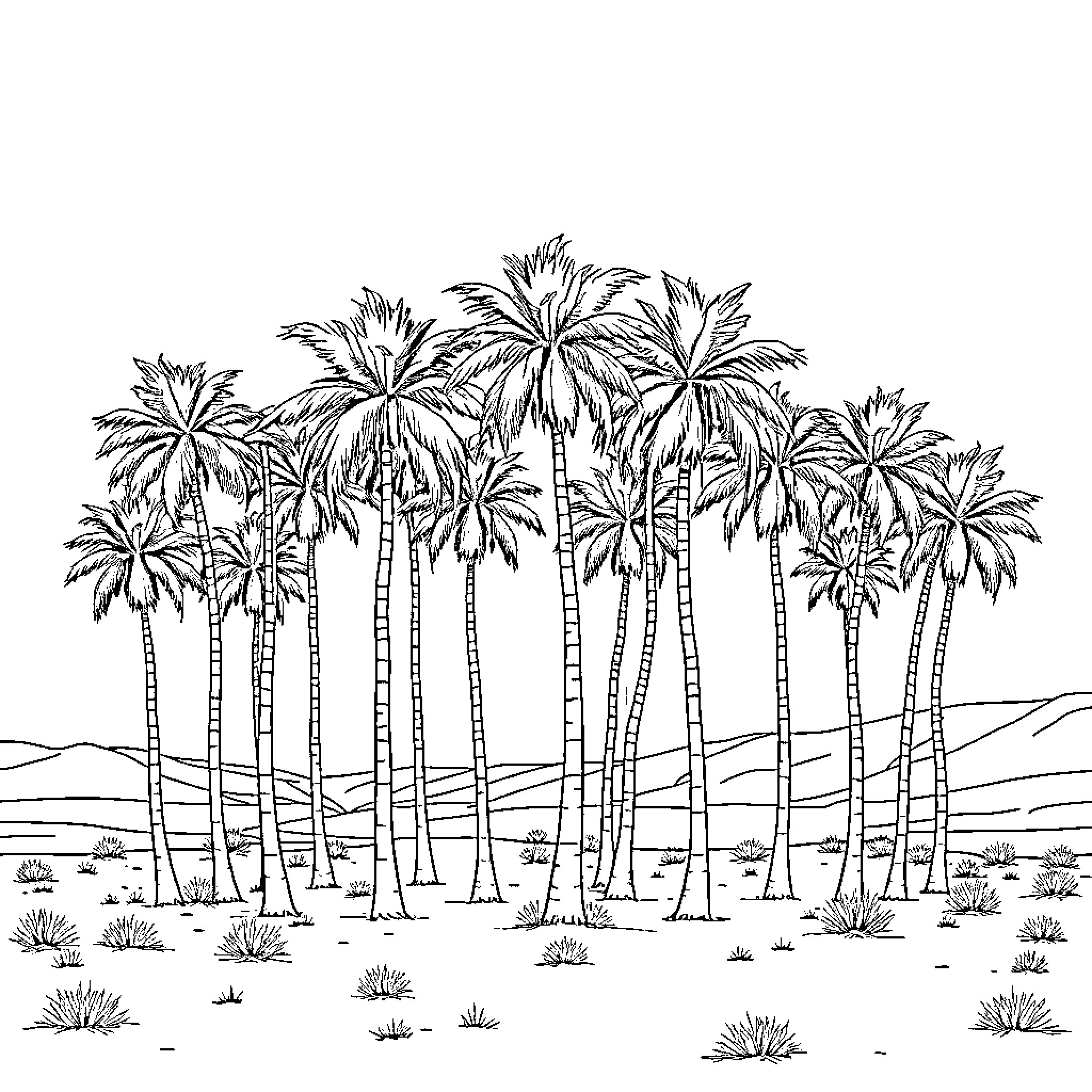 Palm Tree Grove in the Wilderness Coloring Page (free black-and-white line drawing printable PDF for all, from beginners to advanced learners, including children, teens, adults, and seniors)