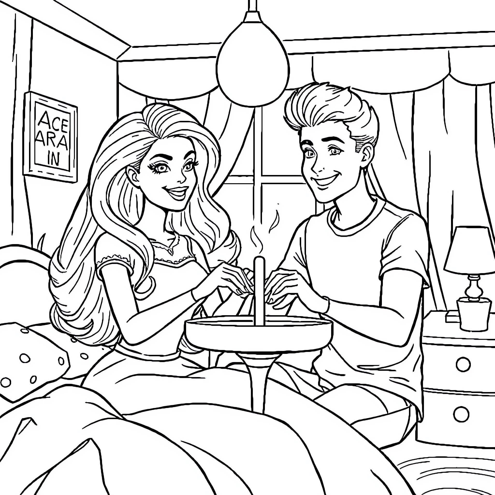 Barbie and Ken Enjoying a Cozy Date Night Coloring Page (free black-and-white line drawing printable PDF for all, from beginners to advanced learners, including children, teens, adults, and seniors)