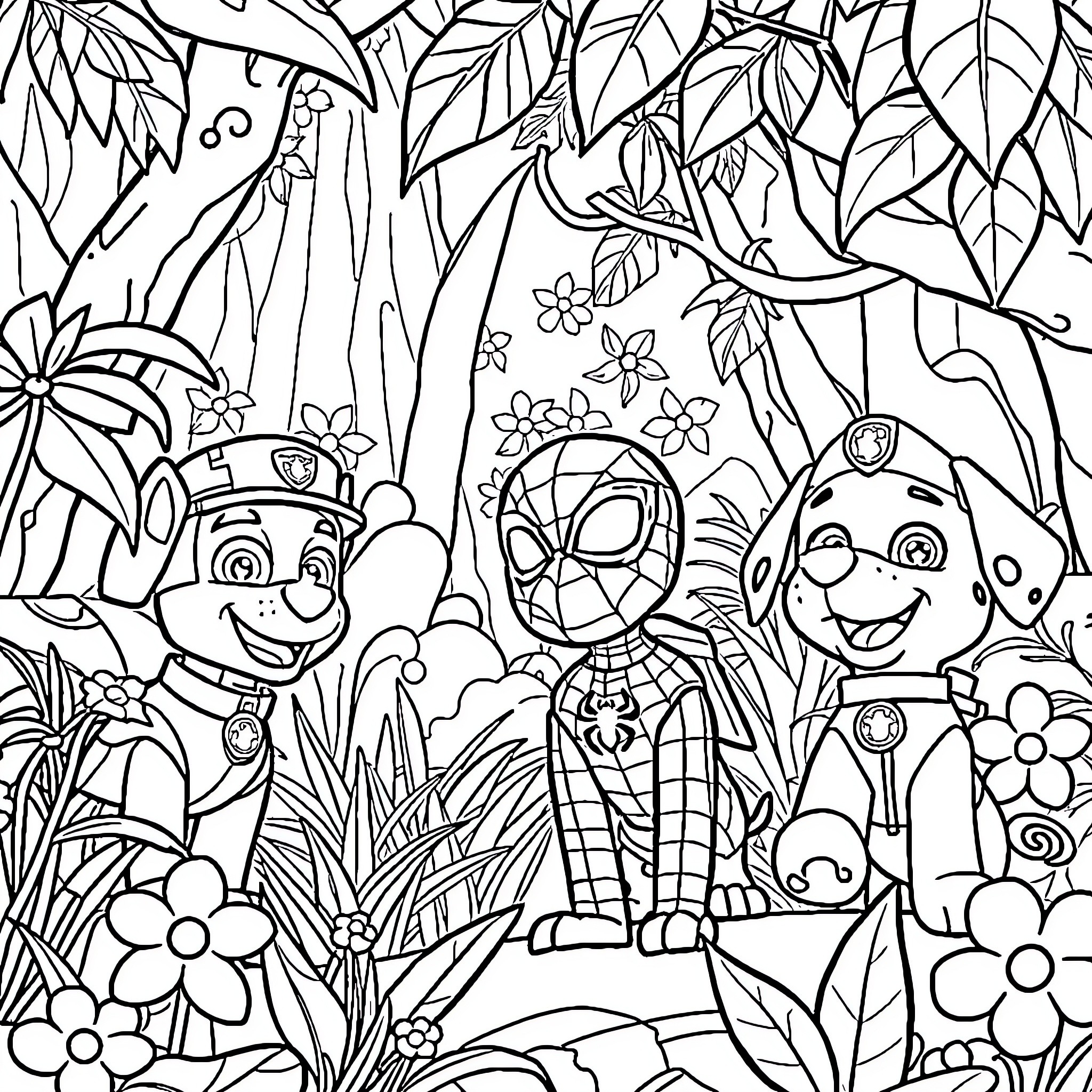Spidey and Friends Explore Enchanted Forest Coloring Page (free black-and-white line drawing printable PDF for all, from beginners to advanced learners, including children, teens, adults, and seniors)