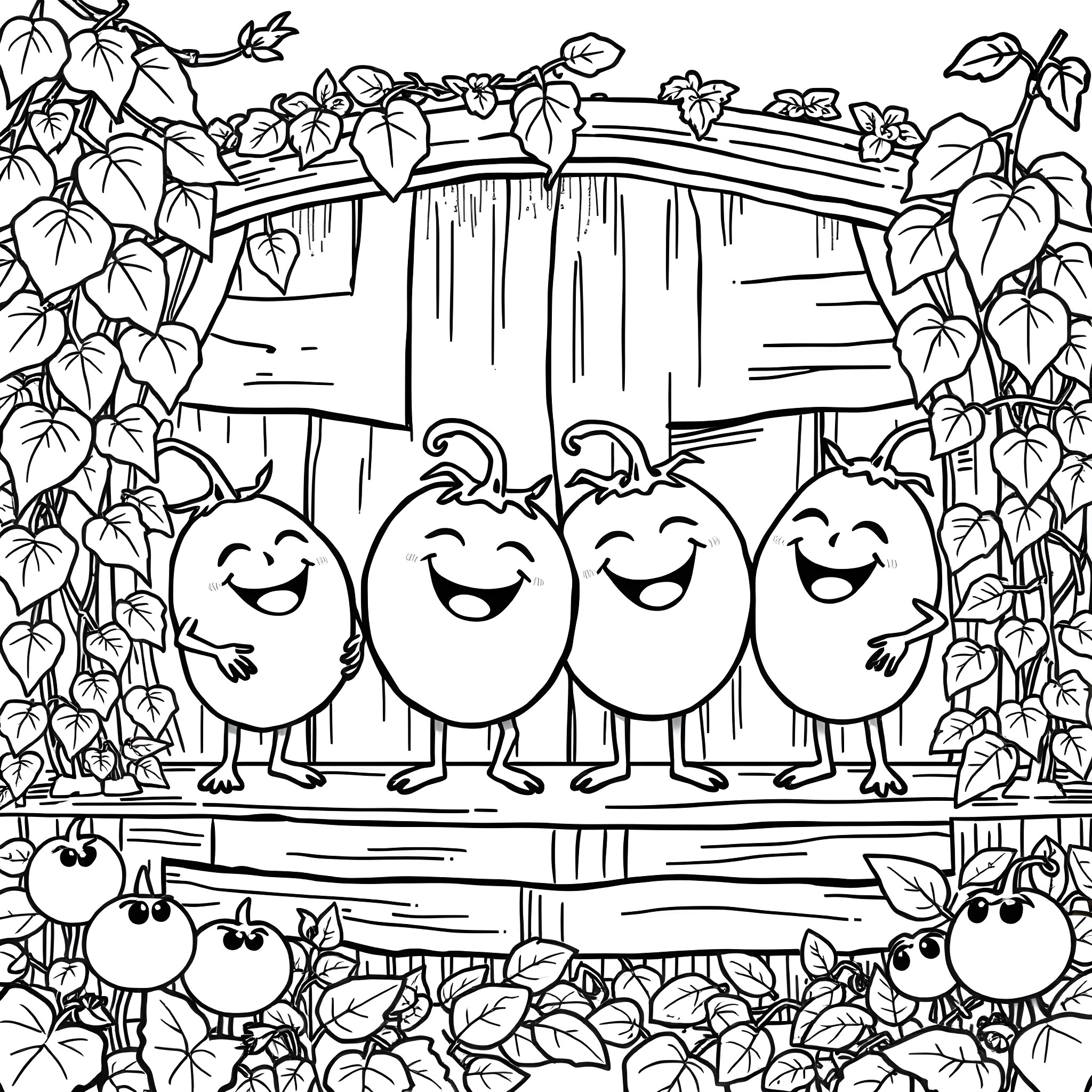 Tomato characters celebrating in garden scenery Coloring Page (free black-and-white line drawing printable PDF for all, from beginners to advanced learners, including children, teens, adults, and seniors)