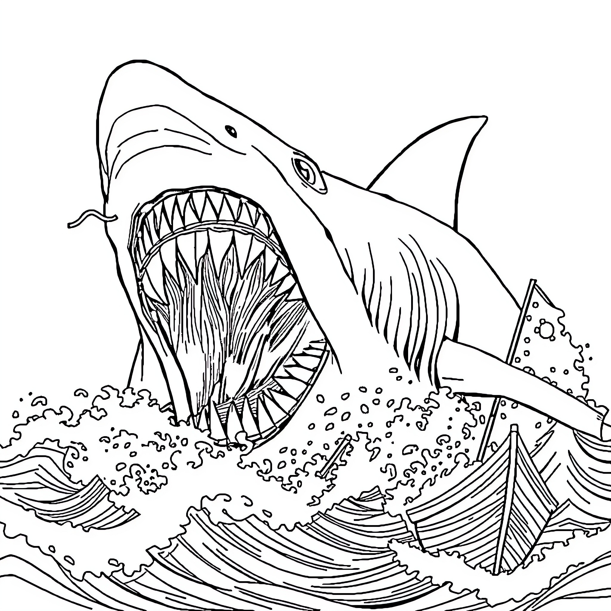 Megalodon shark attacks ships in the ocean Coloring Page (free black-and-white line drawing printable PDF for all, from beginners to advanced learners, including children, teens, adults, and seniors)